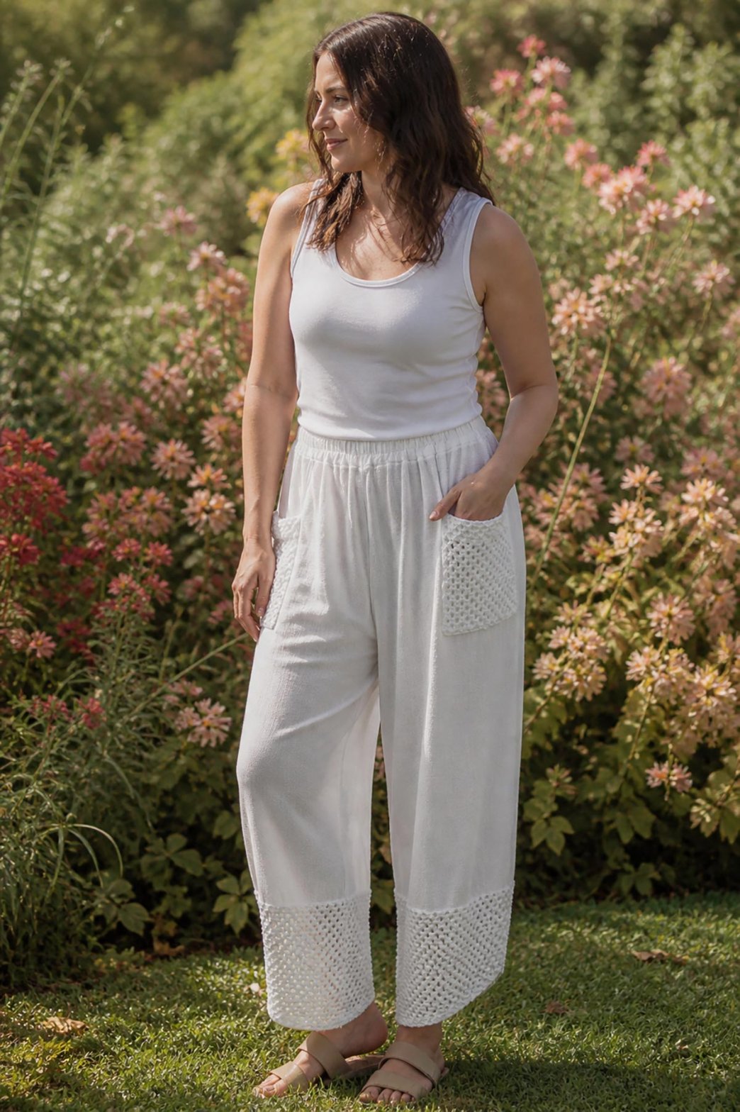 White Washed Linen Mesh Pocket Wide-Leg Trousers styled