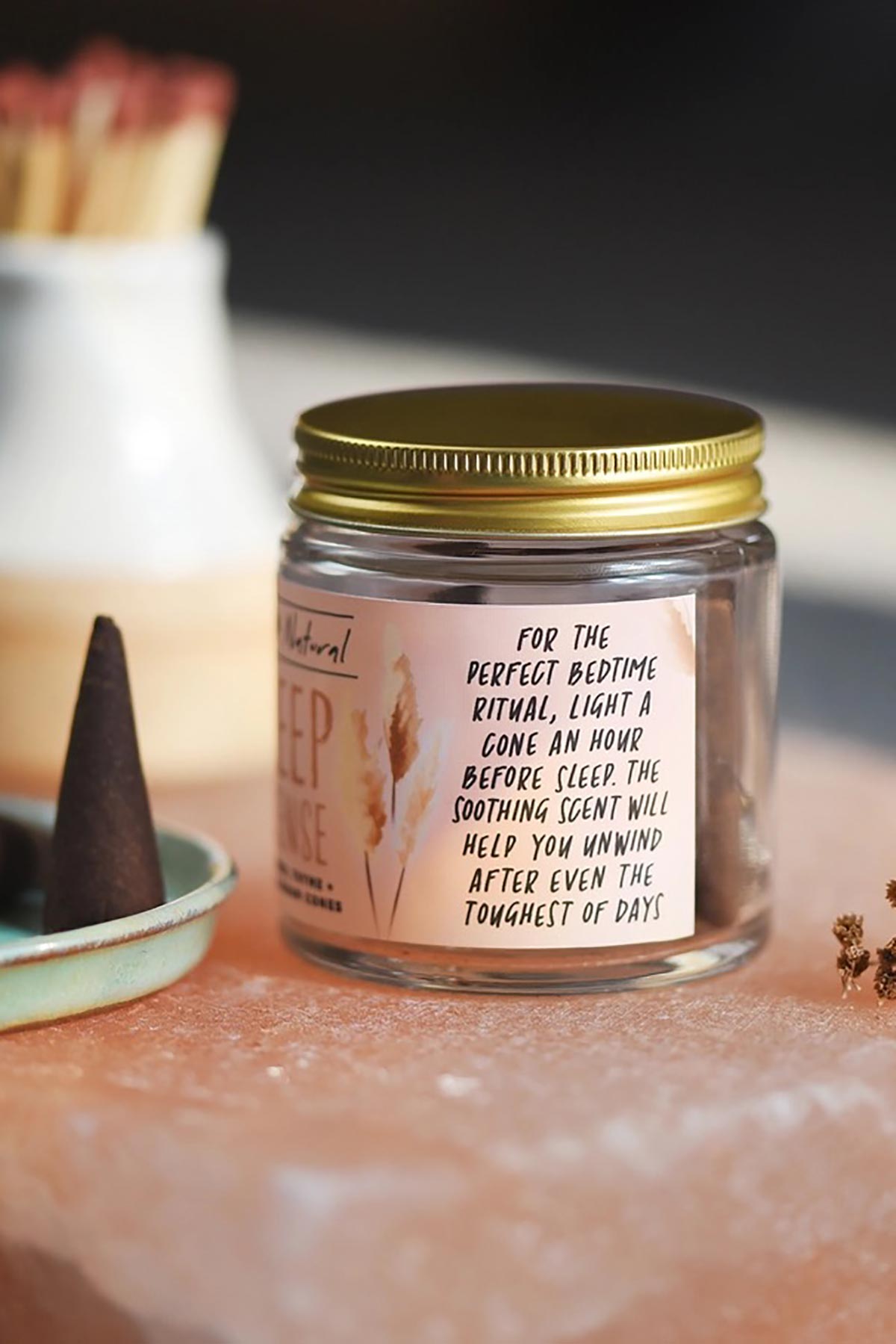 Sleep incense jar bedtime ritual label close up — Urban Wild