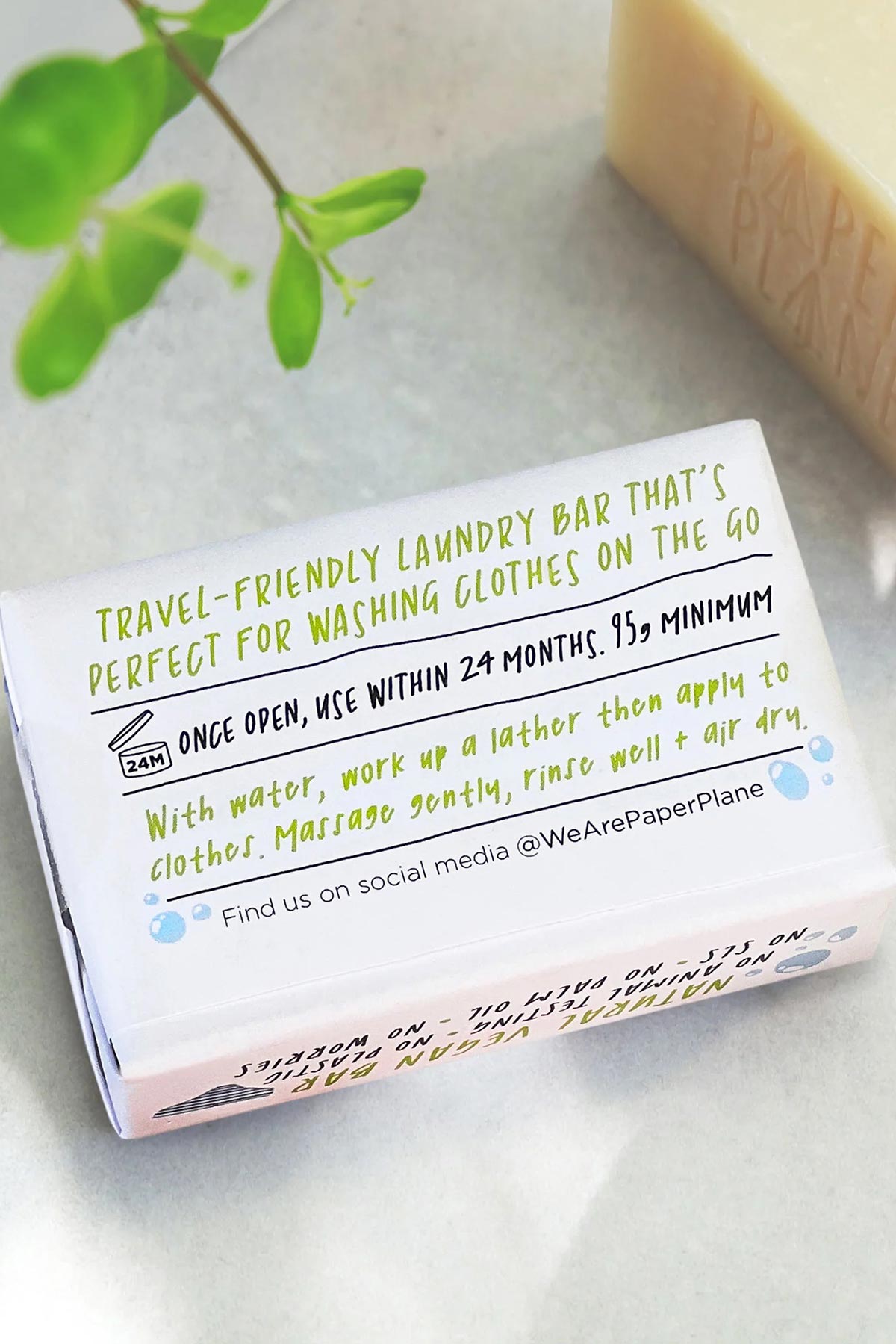 Paper Plane laundry soap bar back of pack showing usage instructions — Urban Wild