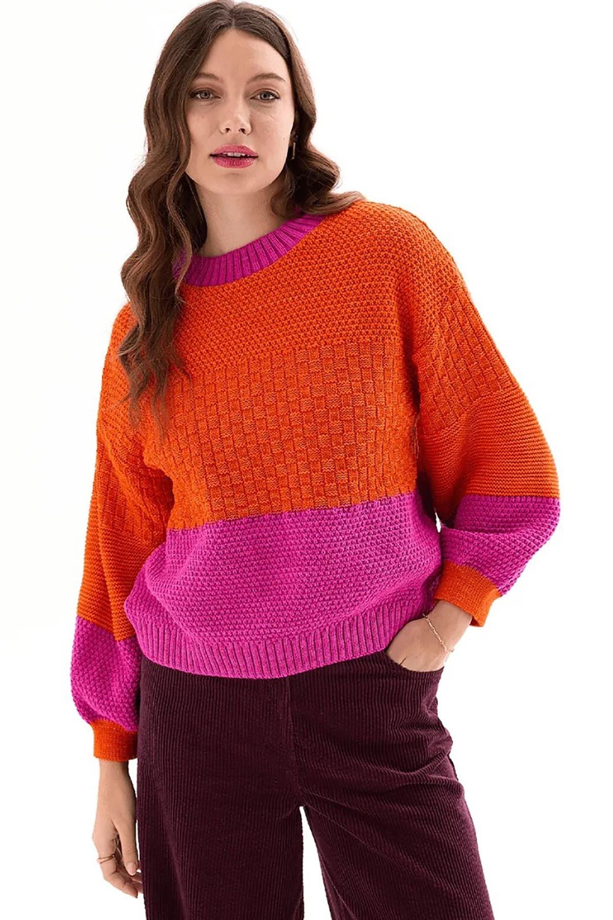 Orange and pink colour block balloon sleeve knitted jumper with contrast trims — Urban Wild