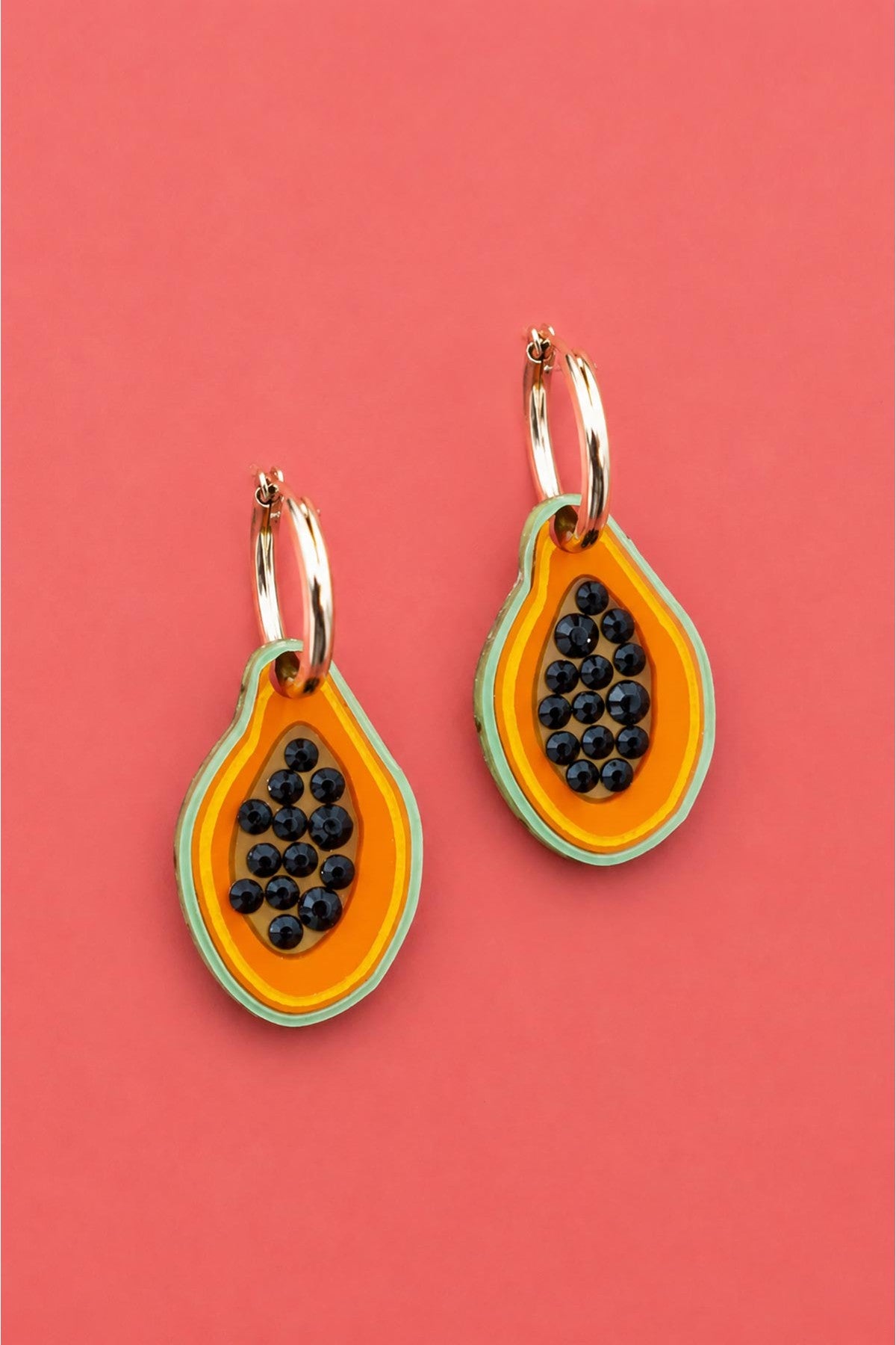 Handcrafted papaya fruit hoop earrings in acrylic and wood with gold filled hoops — Urban Wild