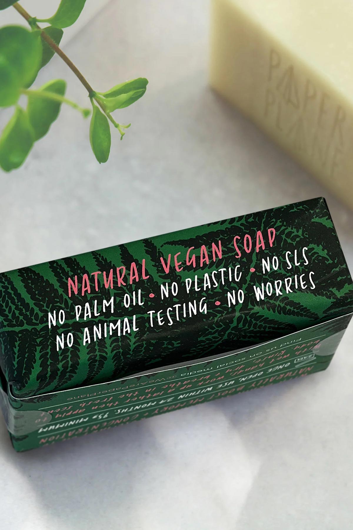 Paper Plane Focus Bar natural vegan soap showing plastic free credentials — Urban Wild