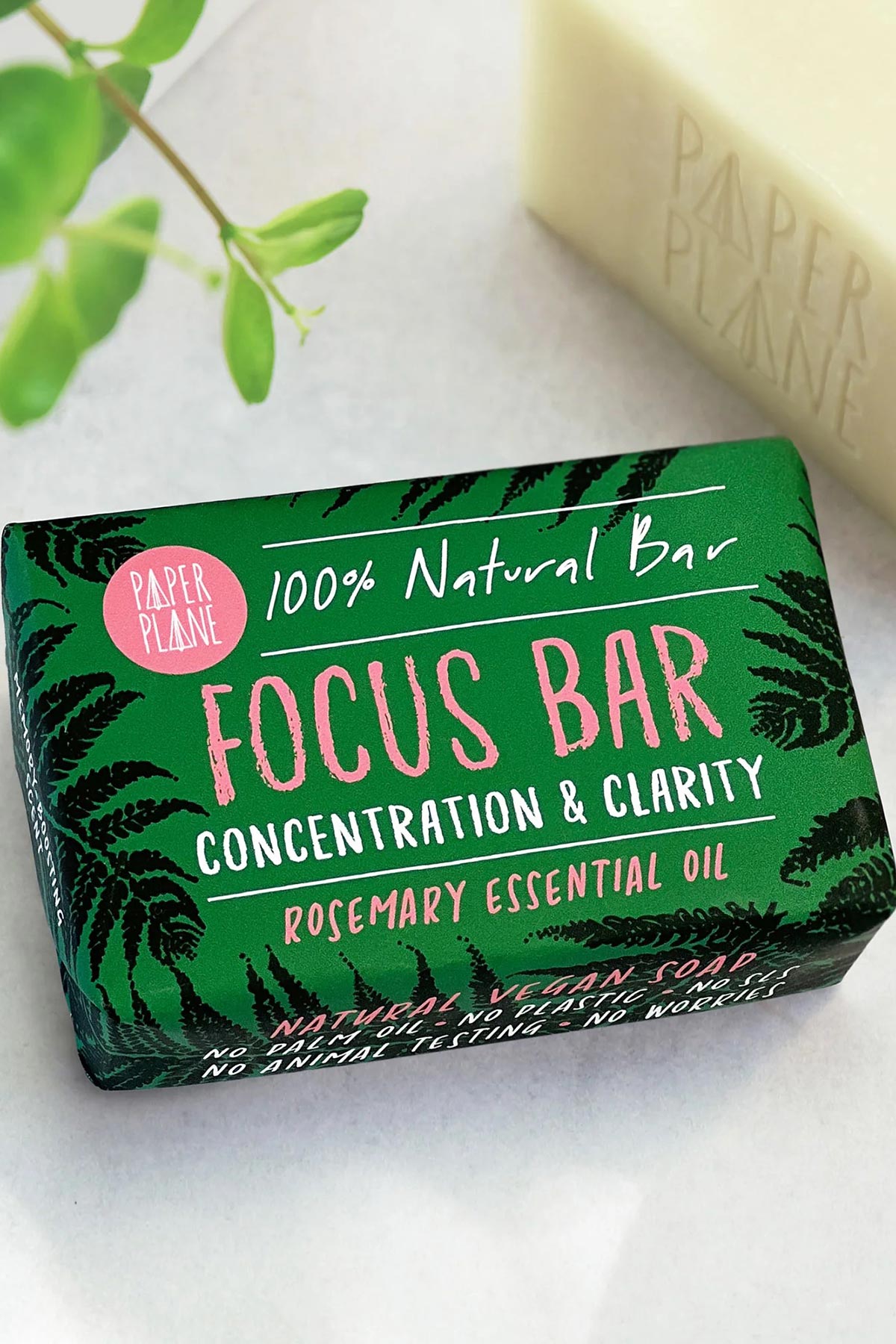 Paper Plane Focus Bar rosemary natural vegan soap in green fern packaging — Urban Wild