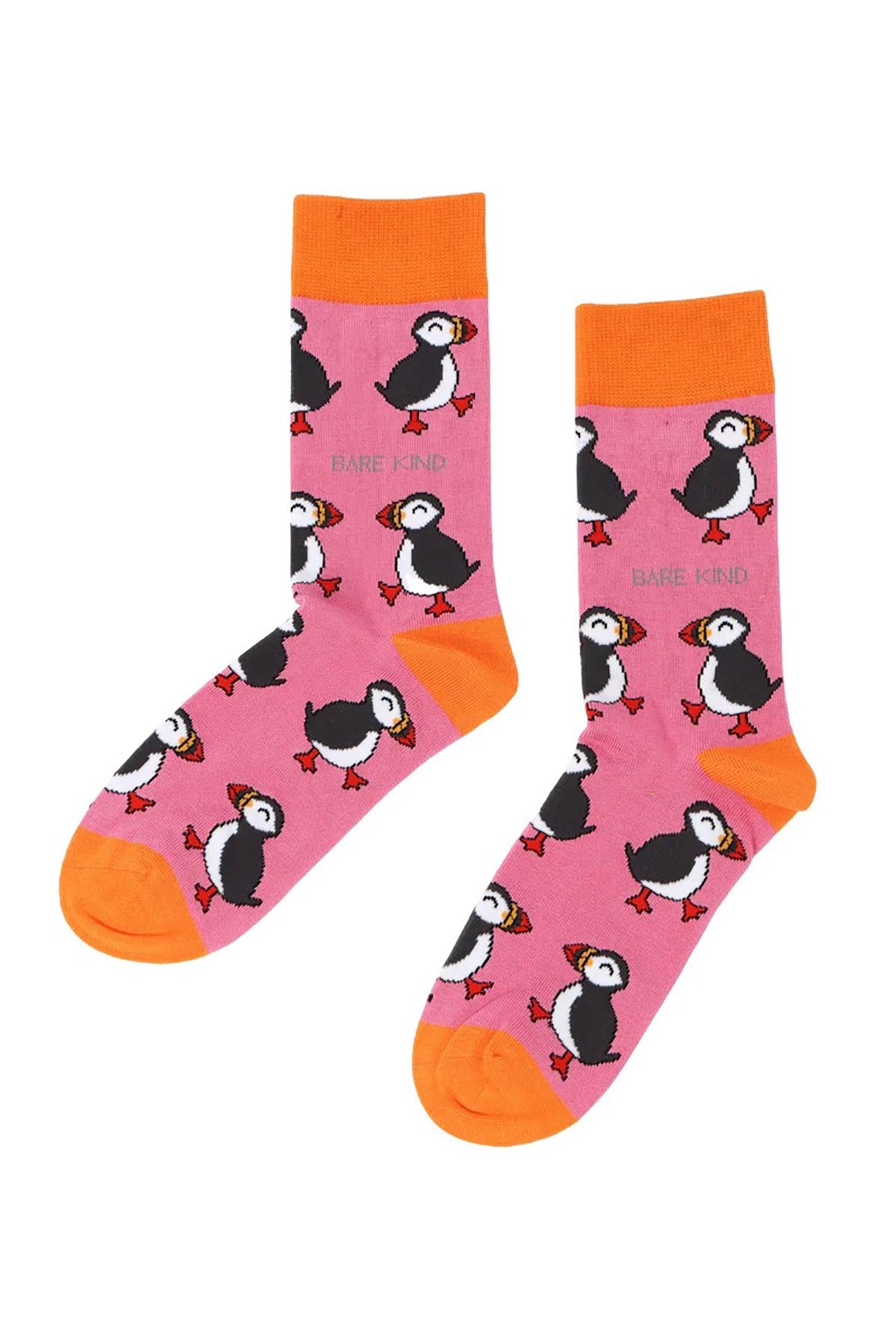 Pair of pink and orange puffin bamboo crew socks laid flat — Urban Wild