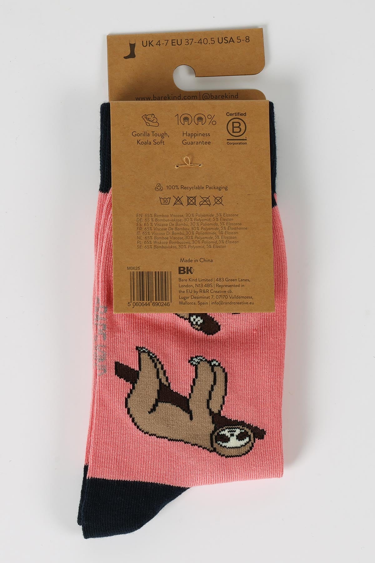 Reverse of Bare Kind pink sloth bamboo socks showing composition and B Corp label — Urban Wild