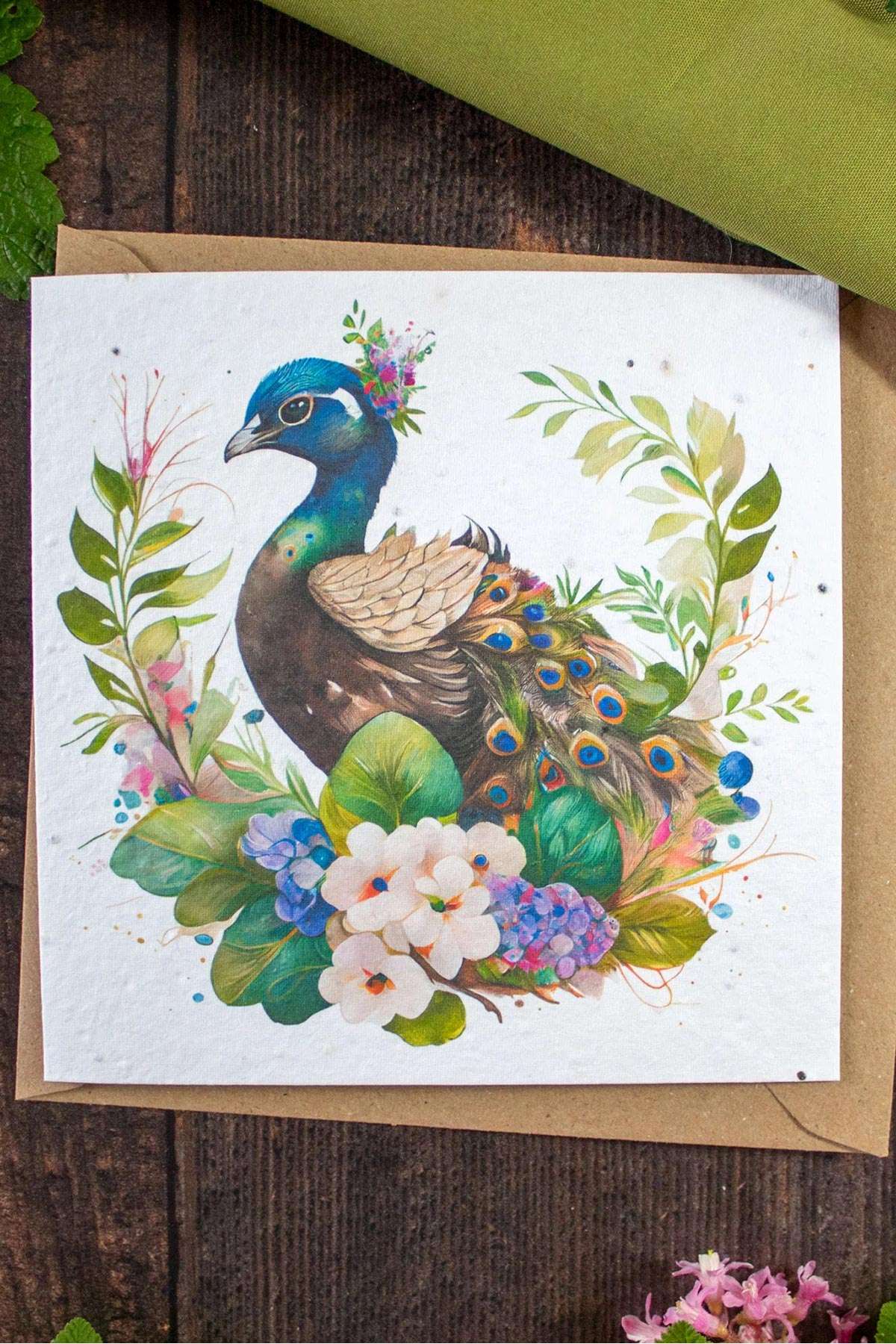 Plantable peacock greeting card printed on wildflower seed paper — Urban Wild