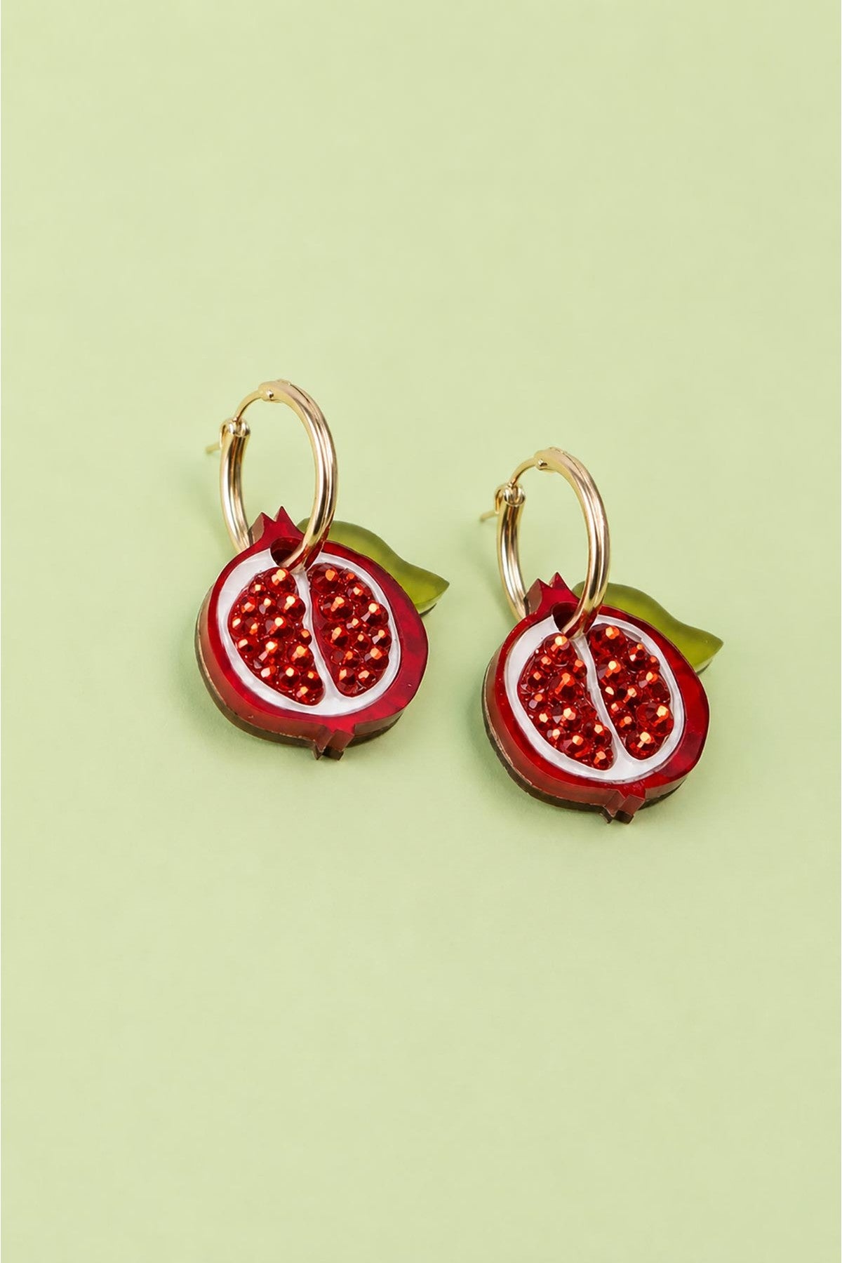 Handmade pomegranate charm hoop earrings in acrylic wood and 14ct gold filled hoops — Urban Wild