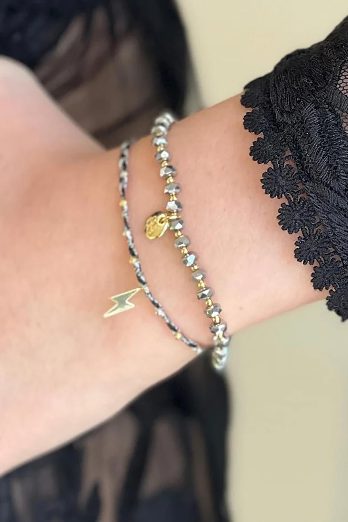 Prunus slate grey crystal and gold stretch bracelet handmade by Boho Betty — Urban Wild