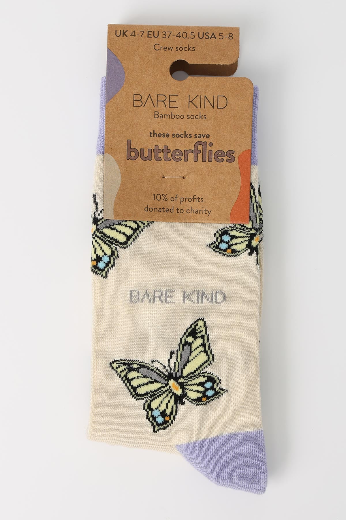 Save the Butterflies purple bamboo crew socks in cream with lilac cuff in Bare Kind plastic-free packaging — Urban Wild