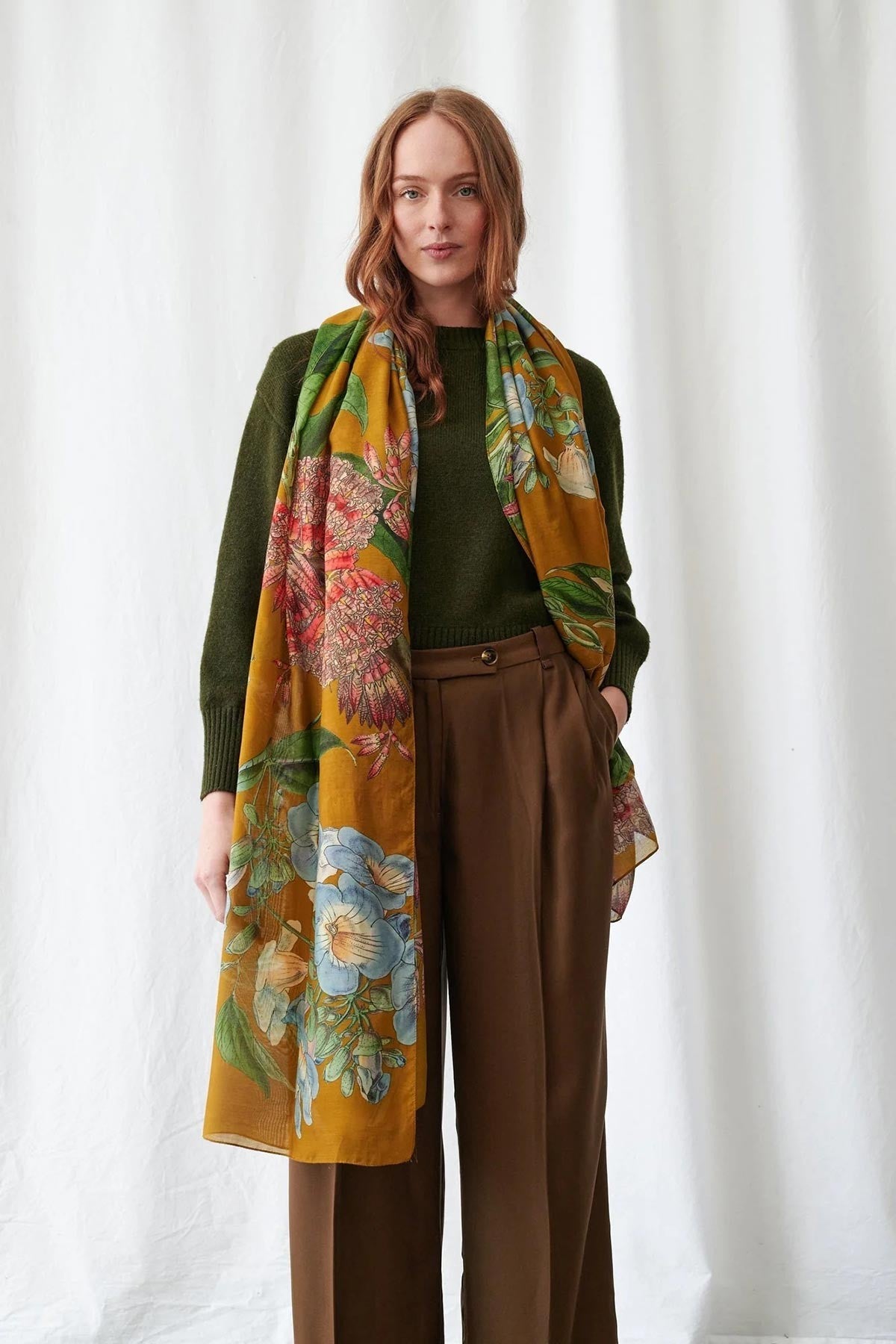 Rhodoleia gold botanical print scarf with coral pink flowers and blue trumpet vine — Urban Wild