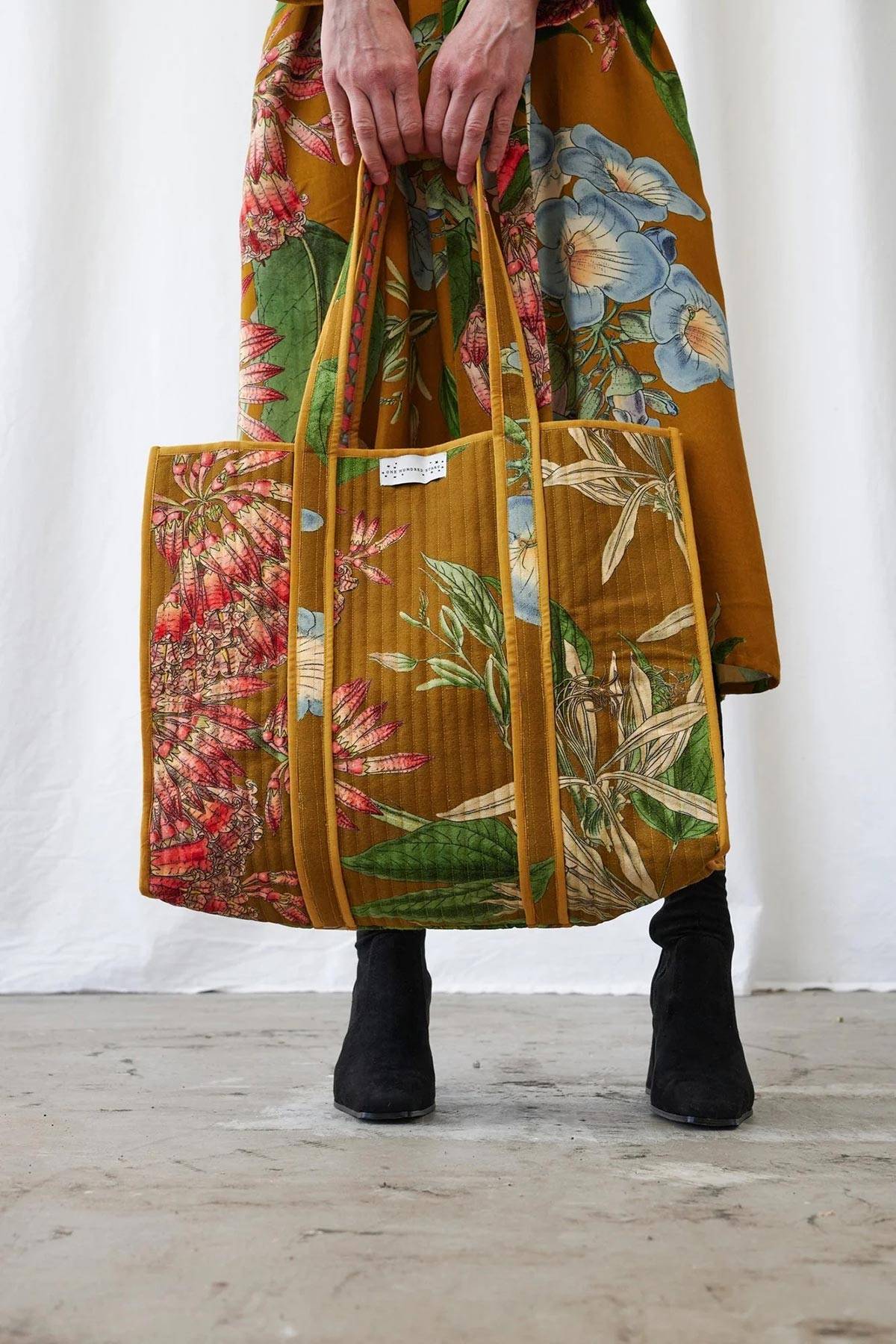 Rhodoleia gold botanical print quilted organic cotton tote bag with coral florals — Urban Wild
