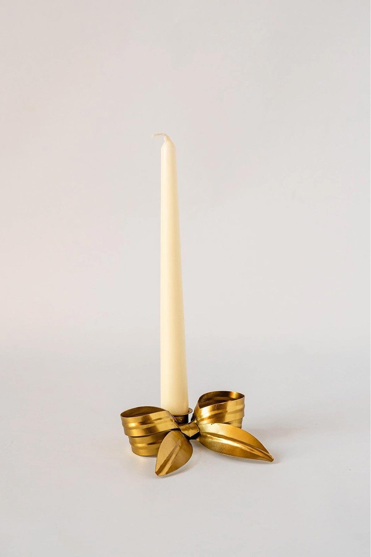 Gold ribbon bow painted metal dinner candle stick holder detail — Urban Wild