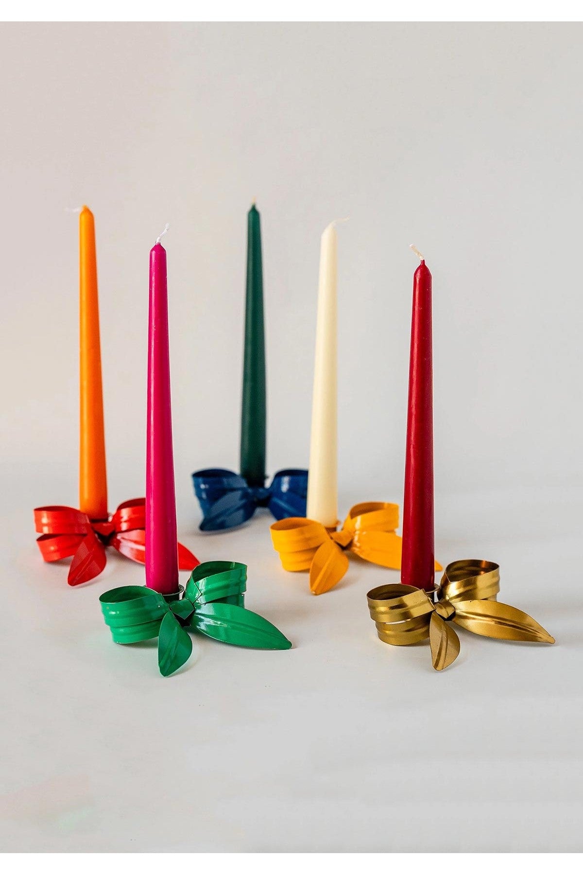 Ribbon bow painted metal candle stick holders in full colour group shot — Urban Wild