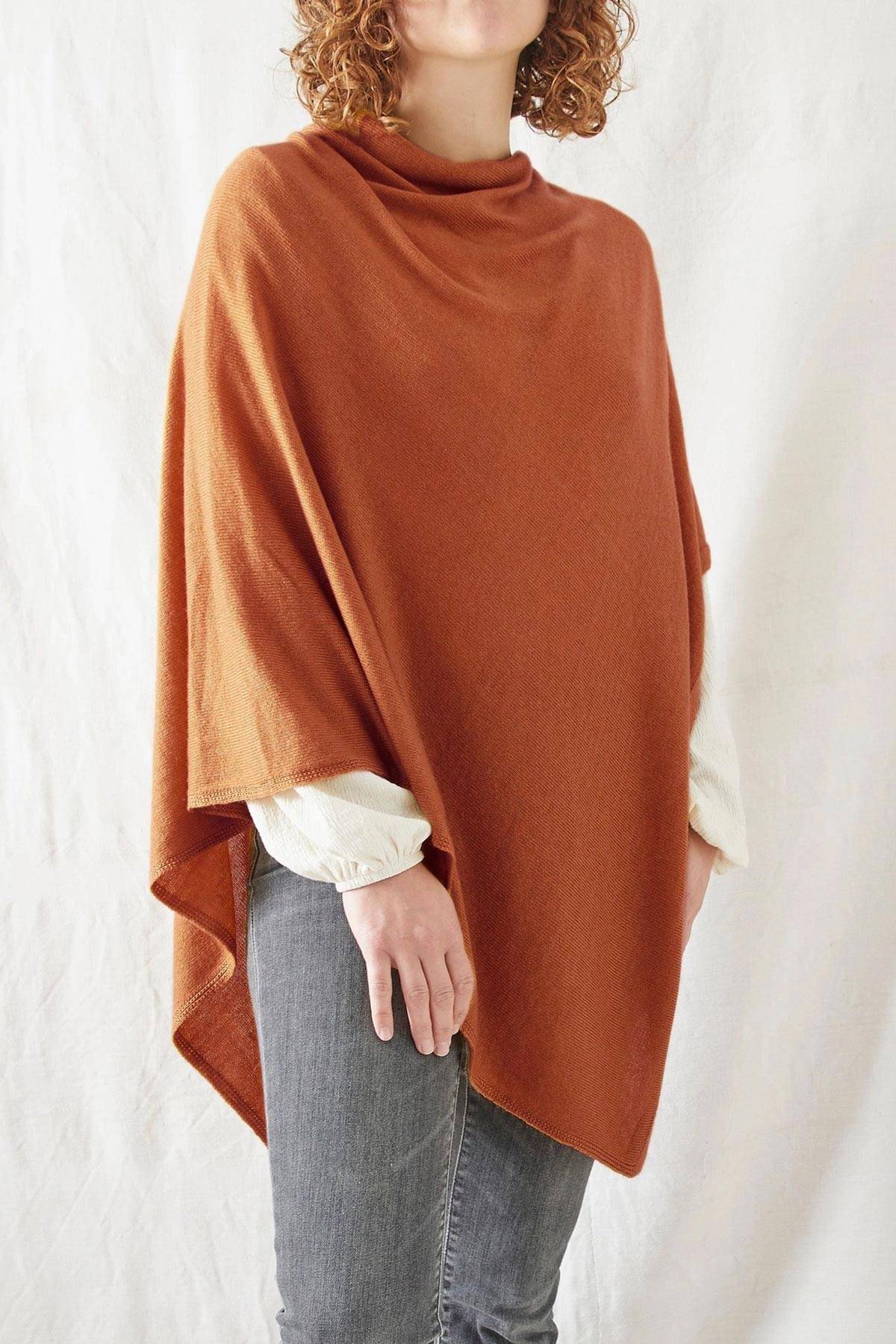 Burnt orange fine knit merino cowl poncho with flattering neckline — Urban Wild