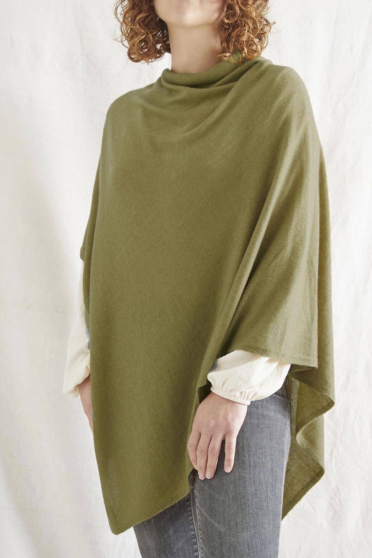 Olive green fine knit merino cowl poncho with flattering neckline — Urban Wild