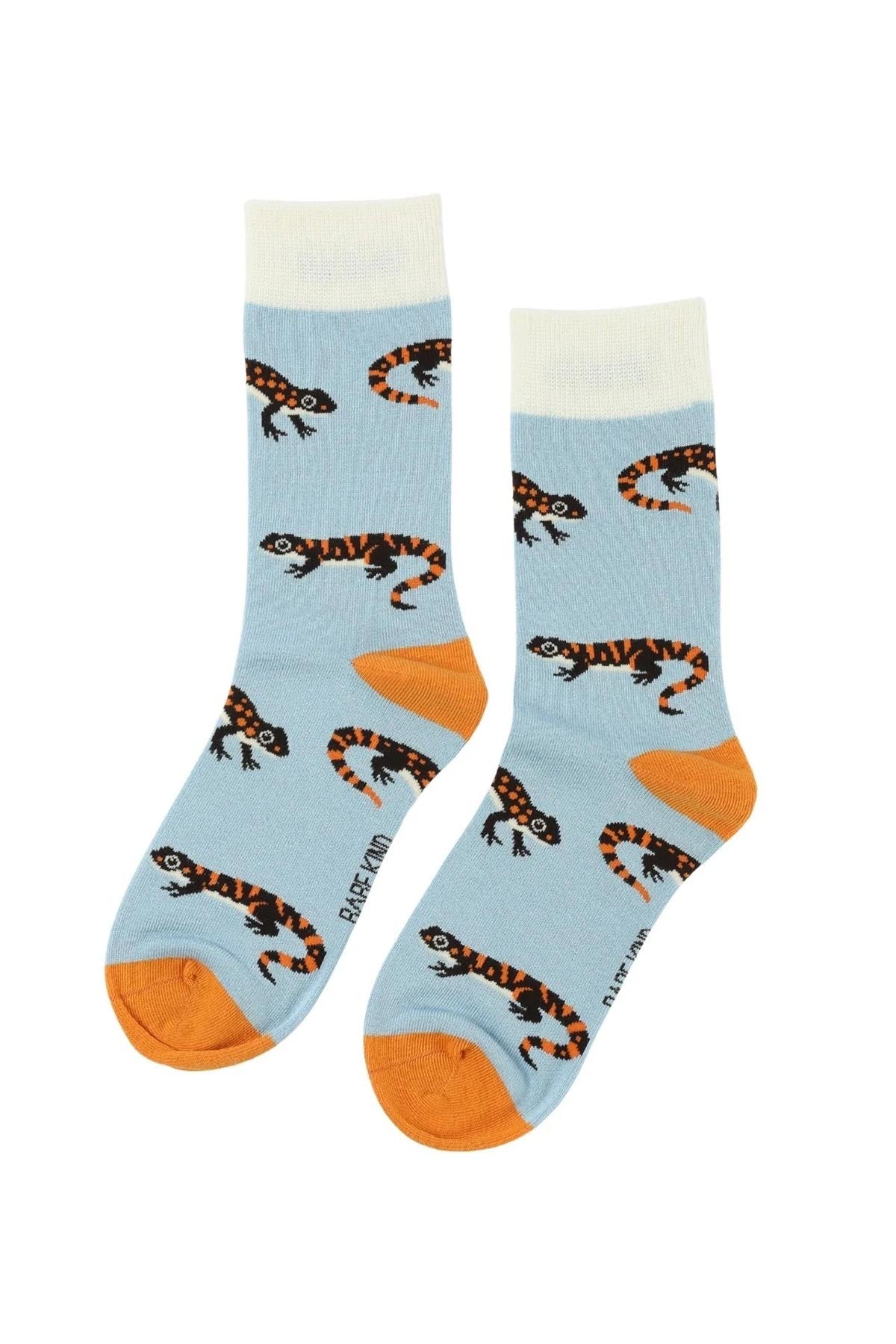 Save the Salamander blue and orange bamboo crew socks with all-over salamander print — Urban Wild
