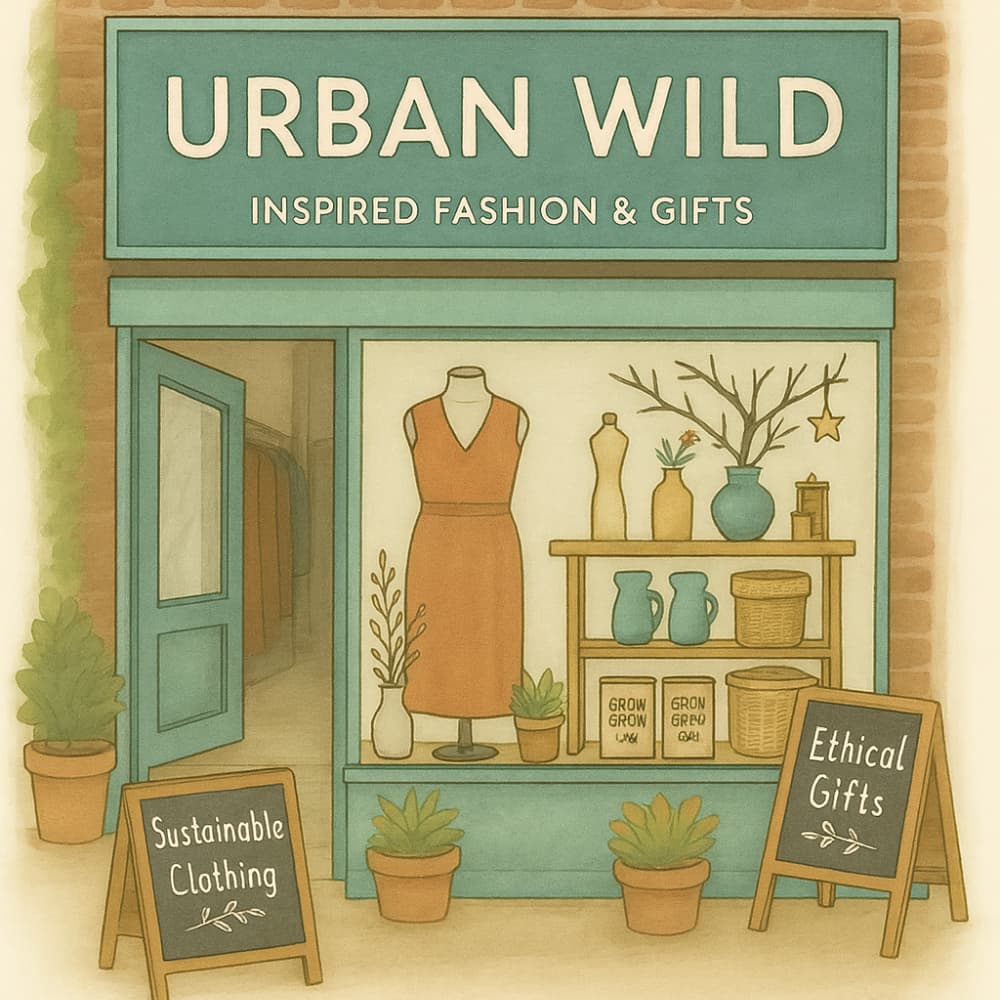 Urban Wild boutique showcasing sustainable fashion, ethical gifts, and handmade products from women-led UK brands