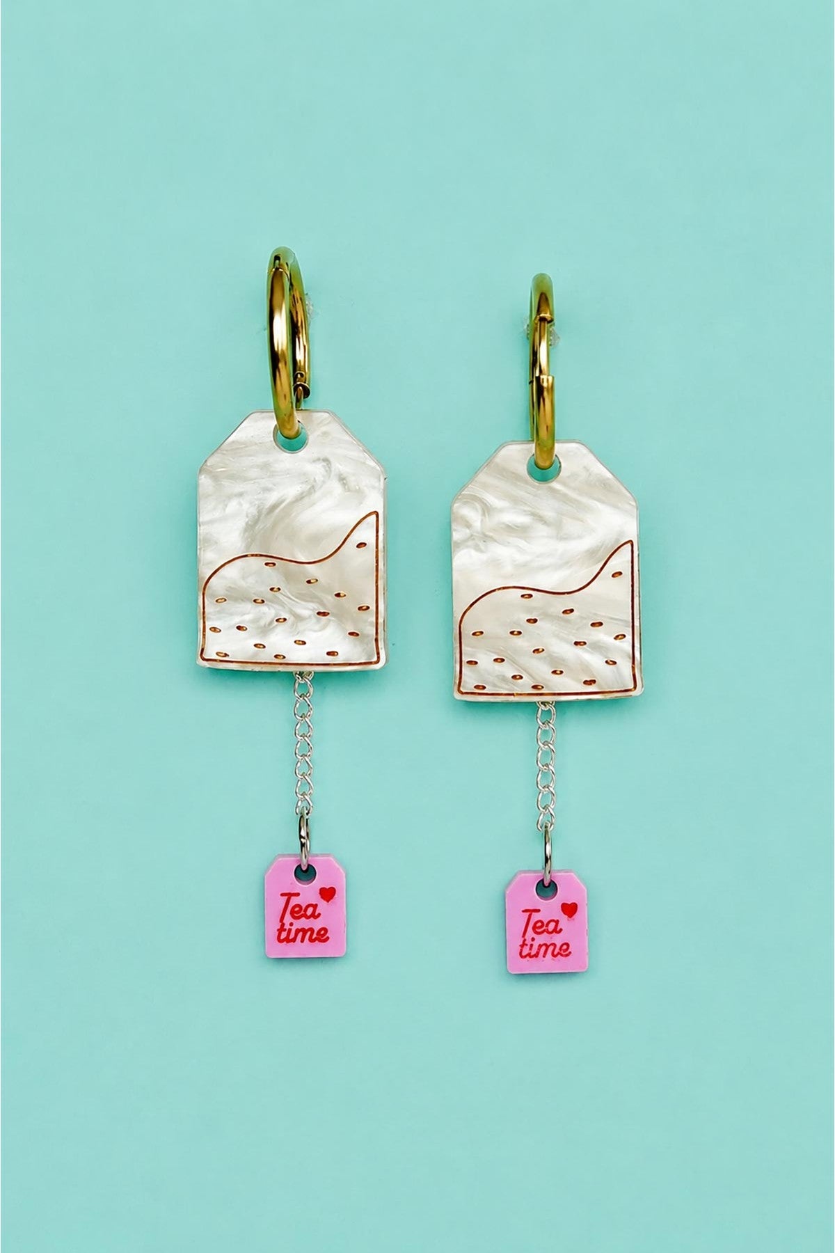 Hand painted tea bag charm hoop earrings on gold stainless steel hoops — Urban Wild