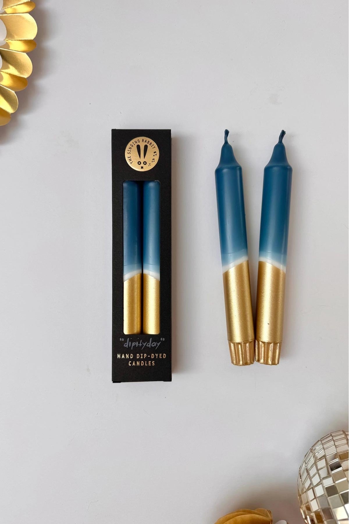 Teal blue and gold dip dyed taper dinner candles set of two — Urban Wild