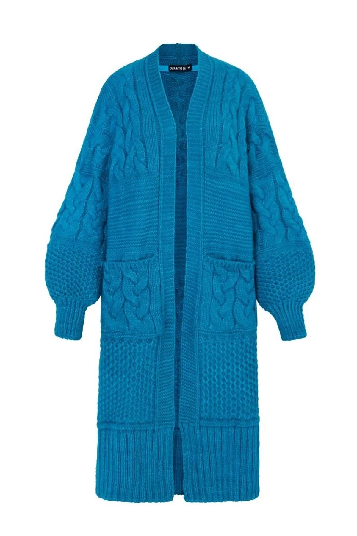 Cara and The Sky teal cable knit maxi cardigan styled full length view — Urban Wild