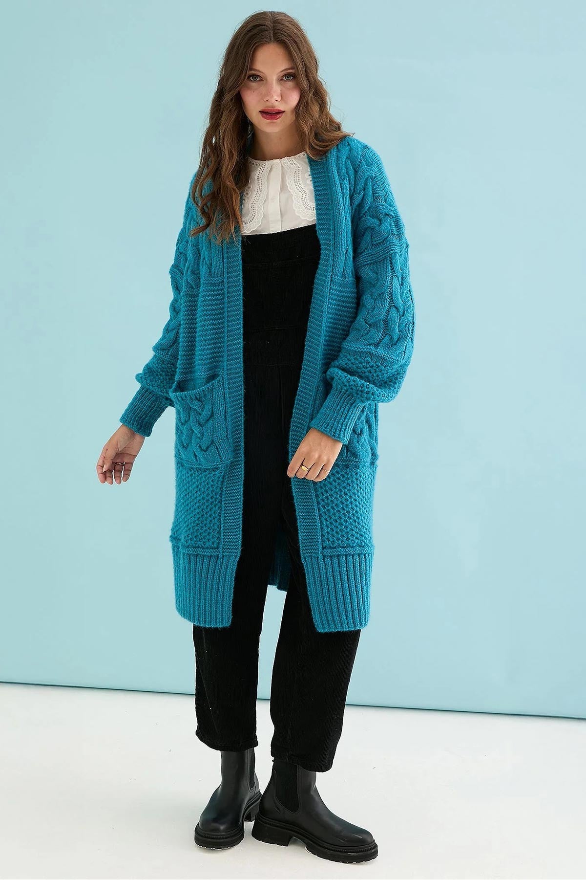 Alex Chunky Oversized Balloon Sleeve Cable Maxi Cardigan in Teal — Urban Wild