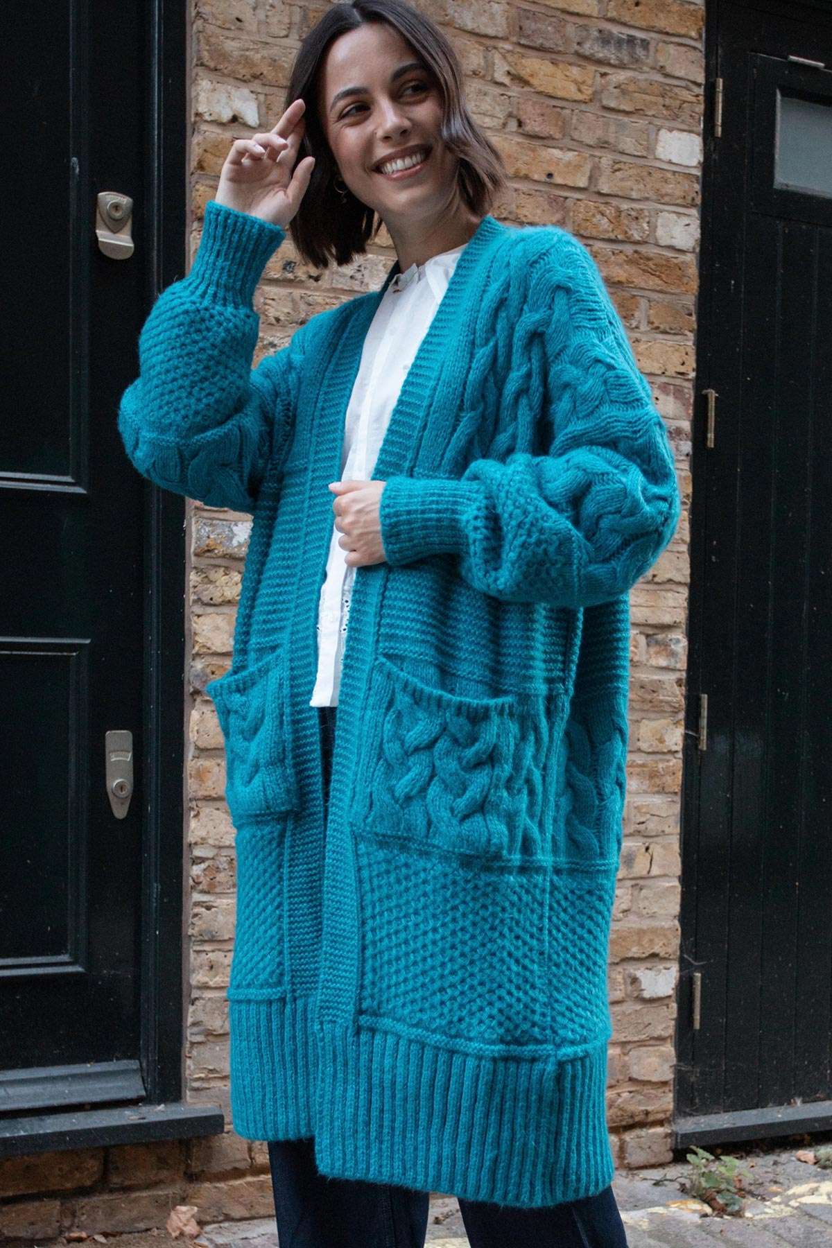 Alex Chunky Oversized Balloon Sleeve Cable Maxi Cardigan in Teal — Urban Wild