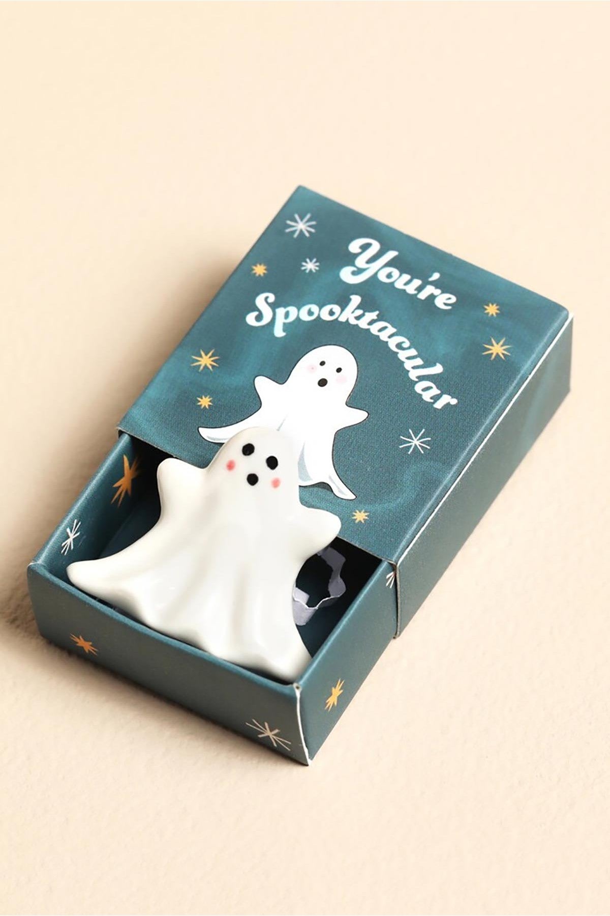 Tiny ceramic ghost token with rosy cheeks in giftable spooktacular matchbox — Urban Wild