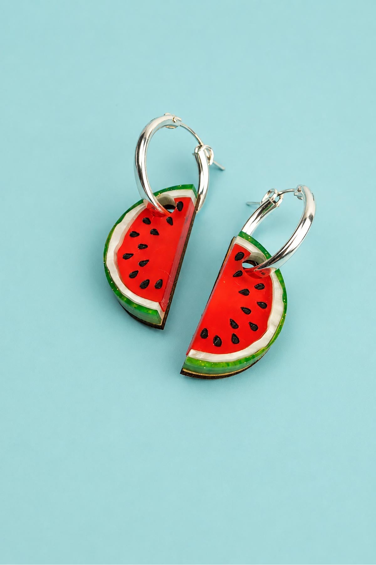 Watermelon hand painted acrylic hoop earrings with gold filled creoles — Urban Wild