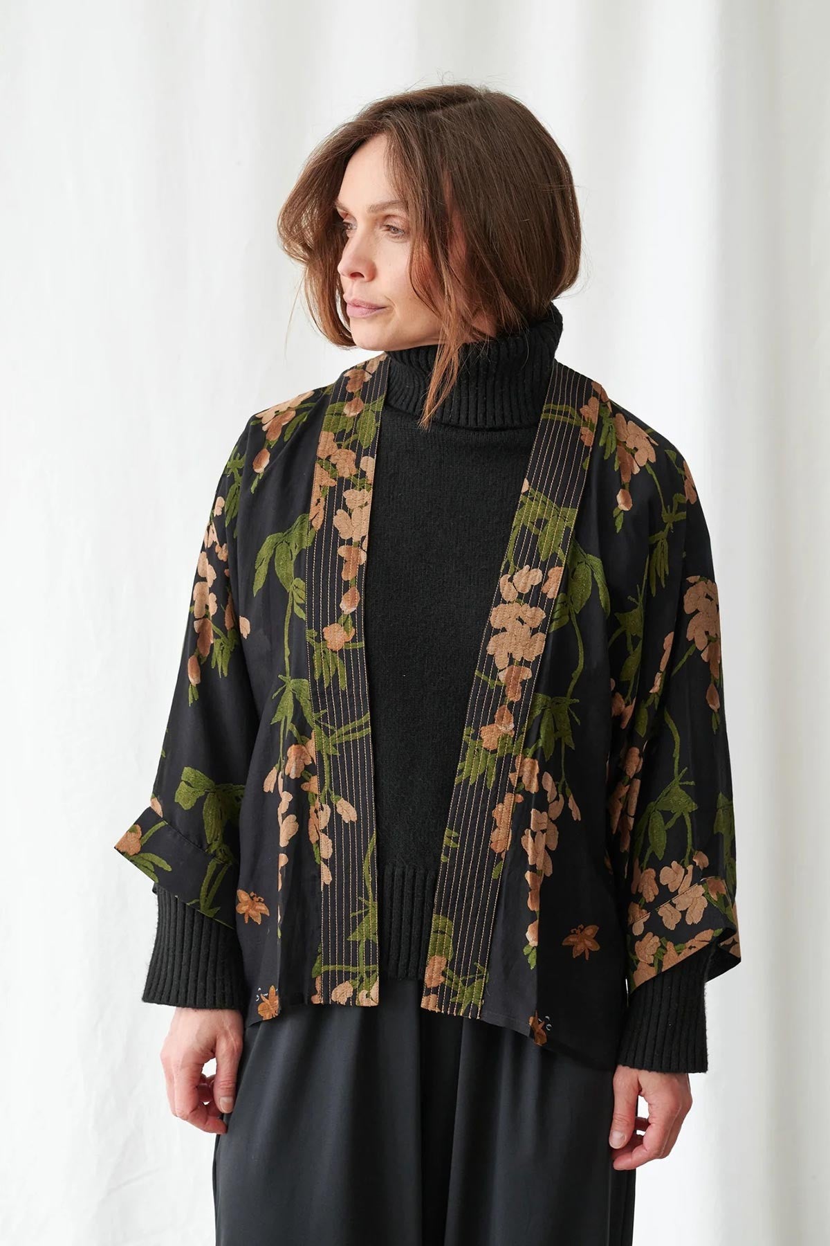 Wisteria black floral print kimono with three-quarter sleeves and open front — Urban Wild