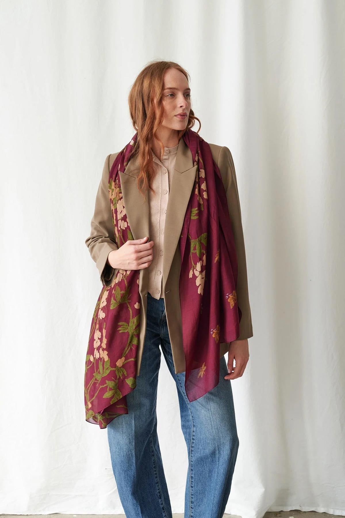 Wisteria plum oversized floral scarf in modal and cupro blend by One Hundred Stars — Urban Wild