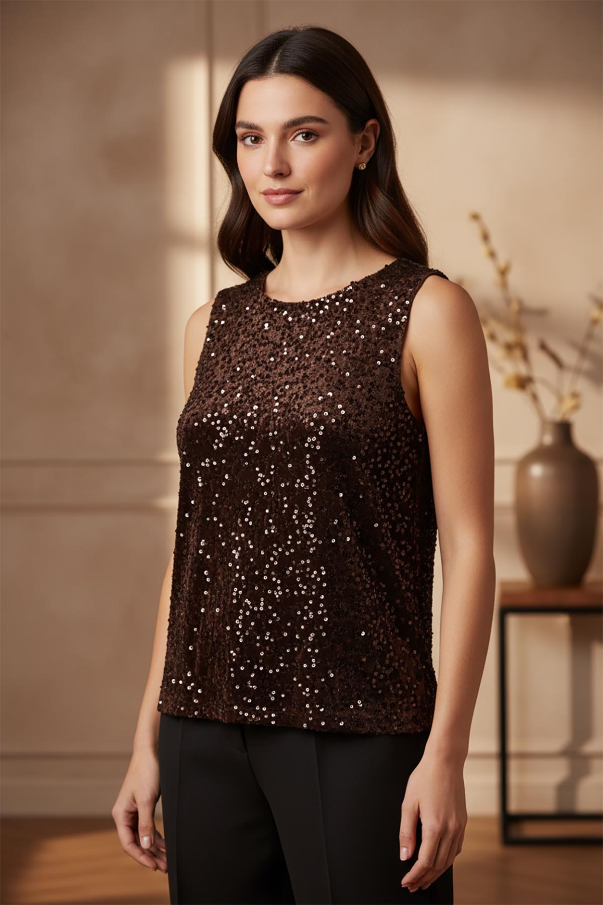 Soft chocolate brown velvet fabric with sequin embellishment