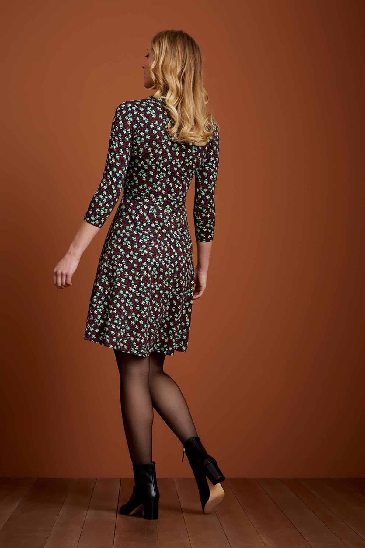 Knee Length Flared Dress with 3/4 Sleeves and Button Closure | Blue