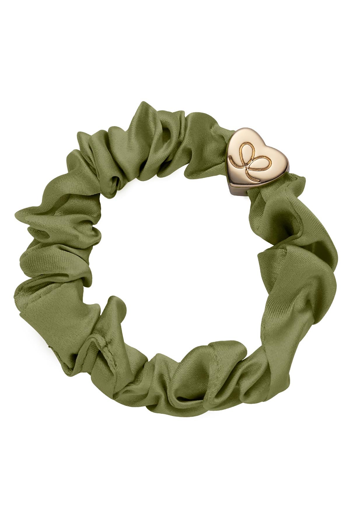 by Eloise Gold Heart Silk Scrunchie In Olive Green