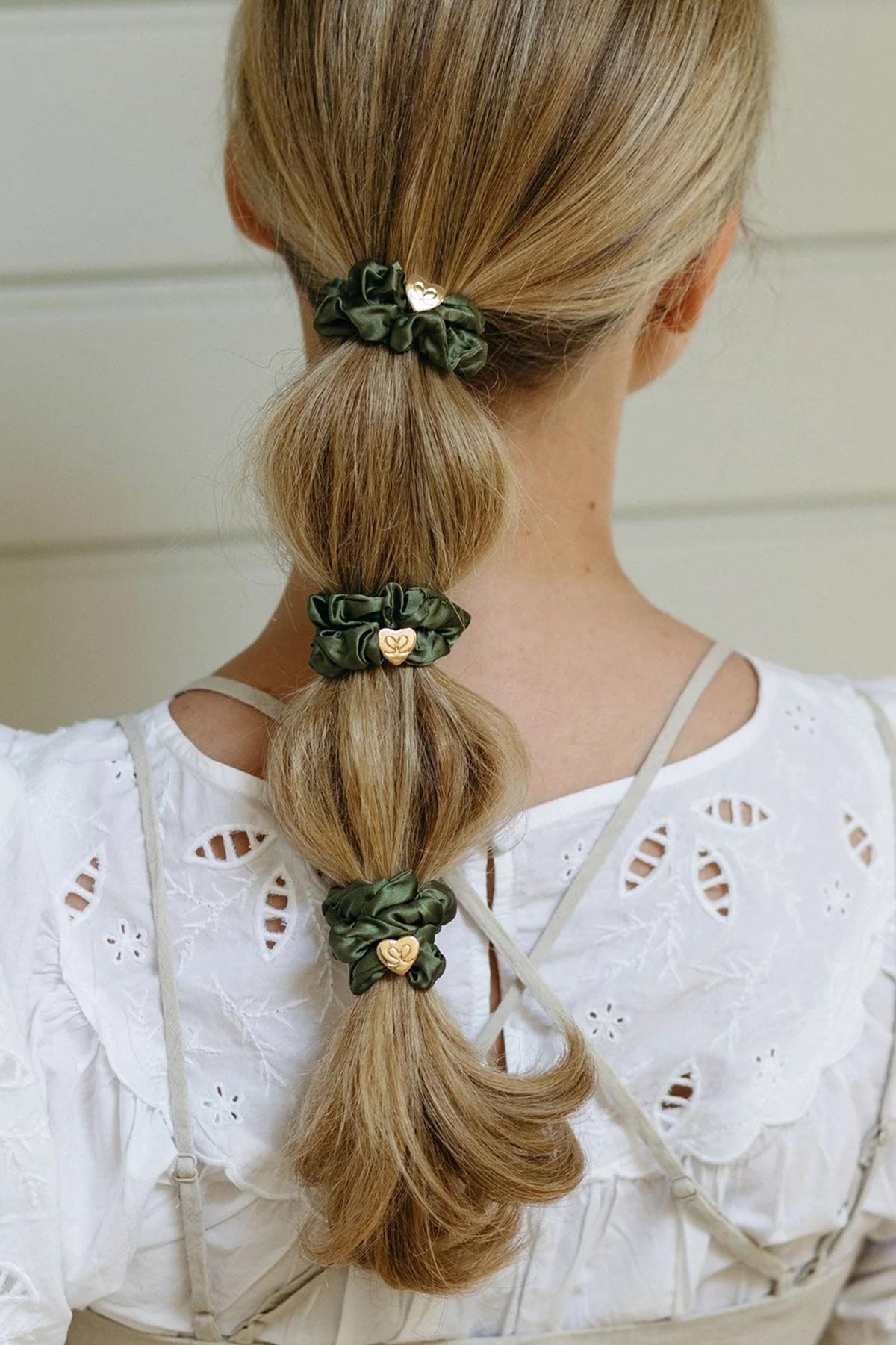 by Eloise Gold Heart Silk Scrunchie In Olive Green