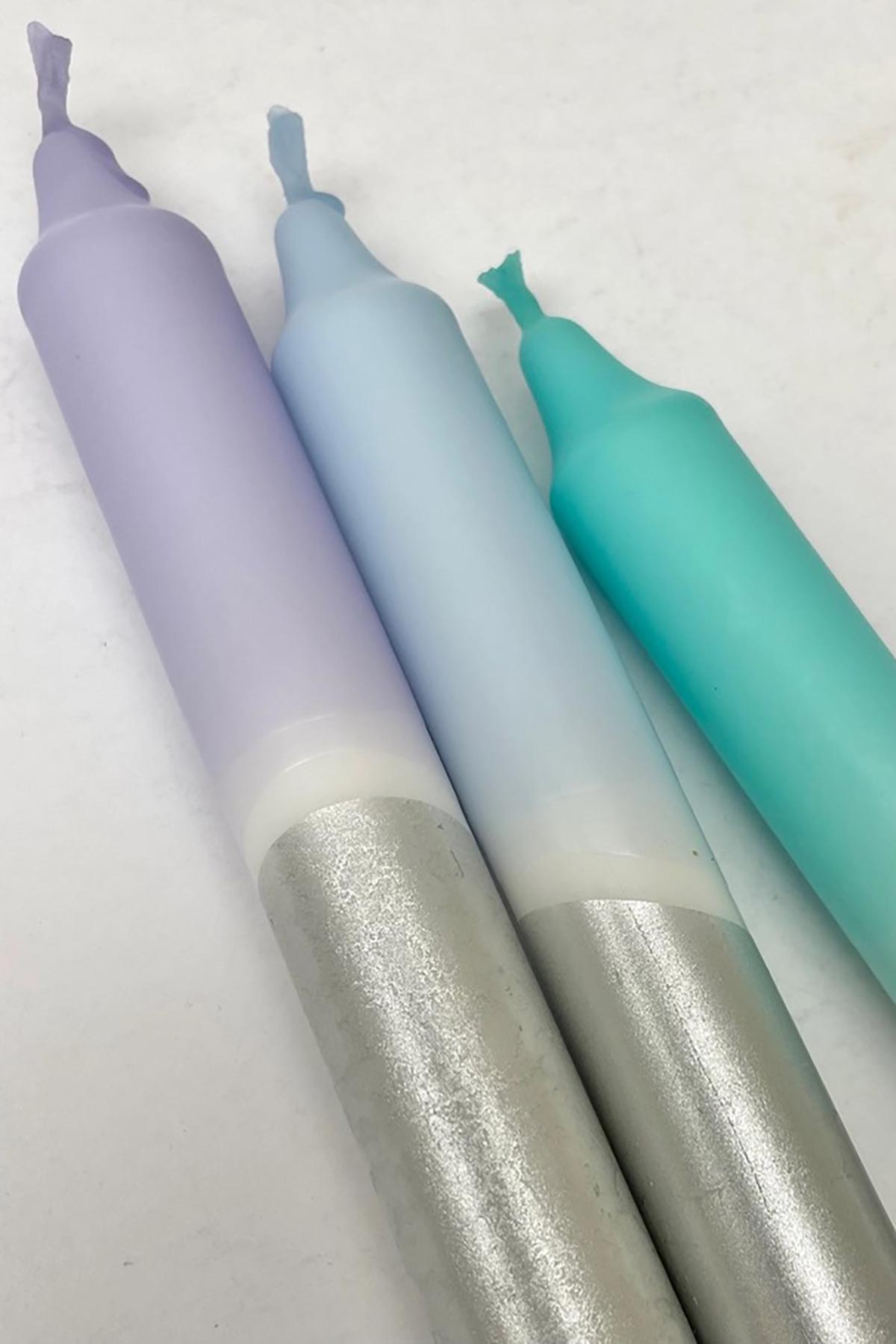 The Singing Rabbit Icy Hues & Silver Dip Dyed Dinner Candles | Set Of 3