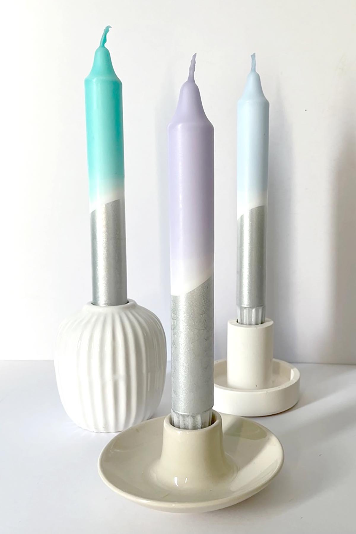 The Singing Rabbit Icy Hues & Silver Dip Dyed Dinner Candles | Set Of 3