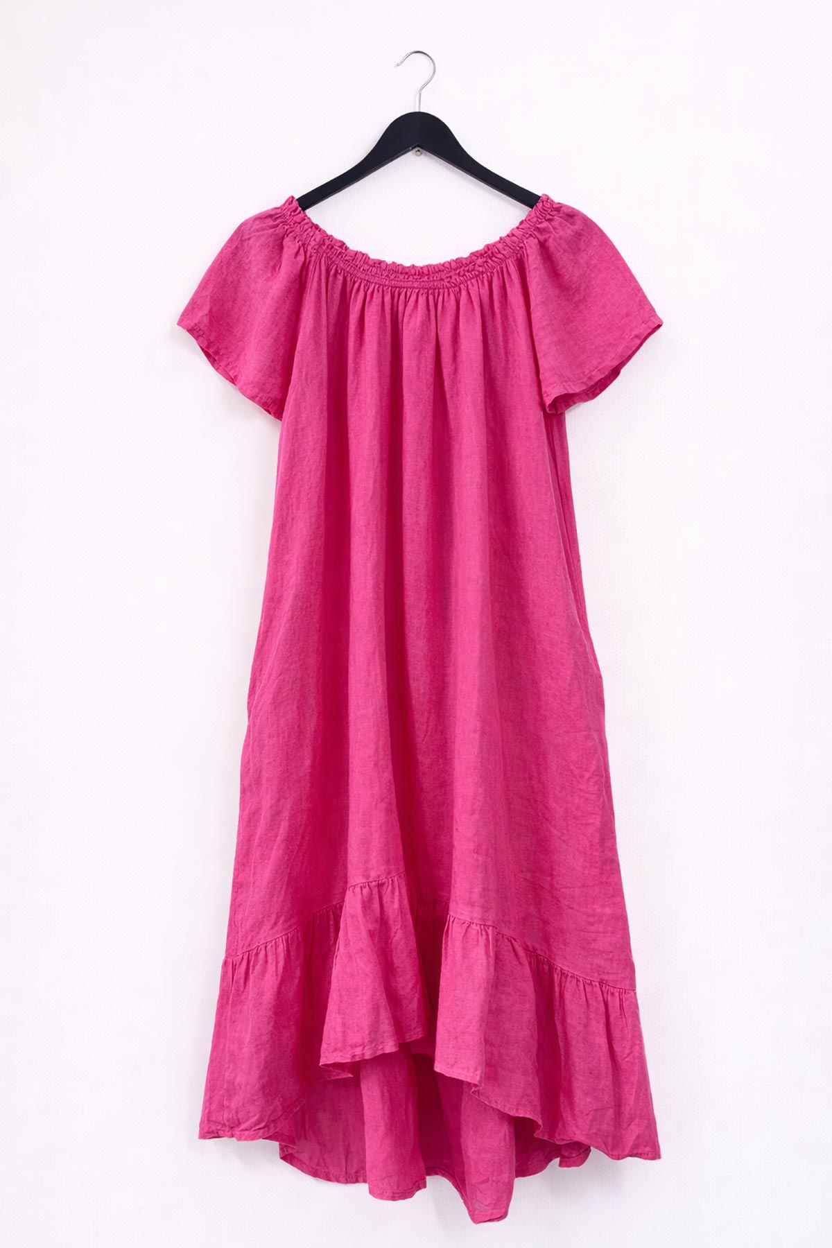 Linen Bardot Dress With Pockets In Fuchsia Pink