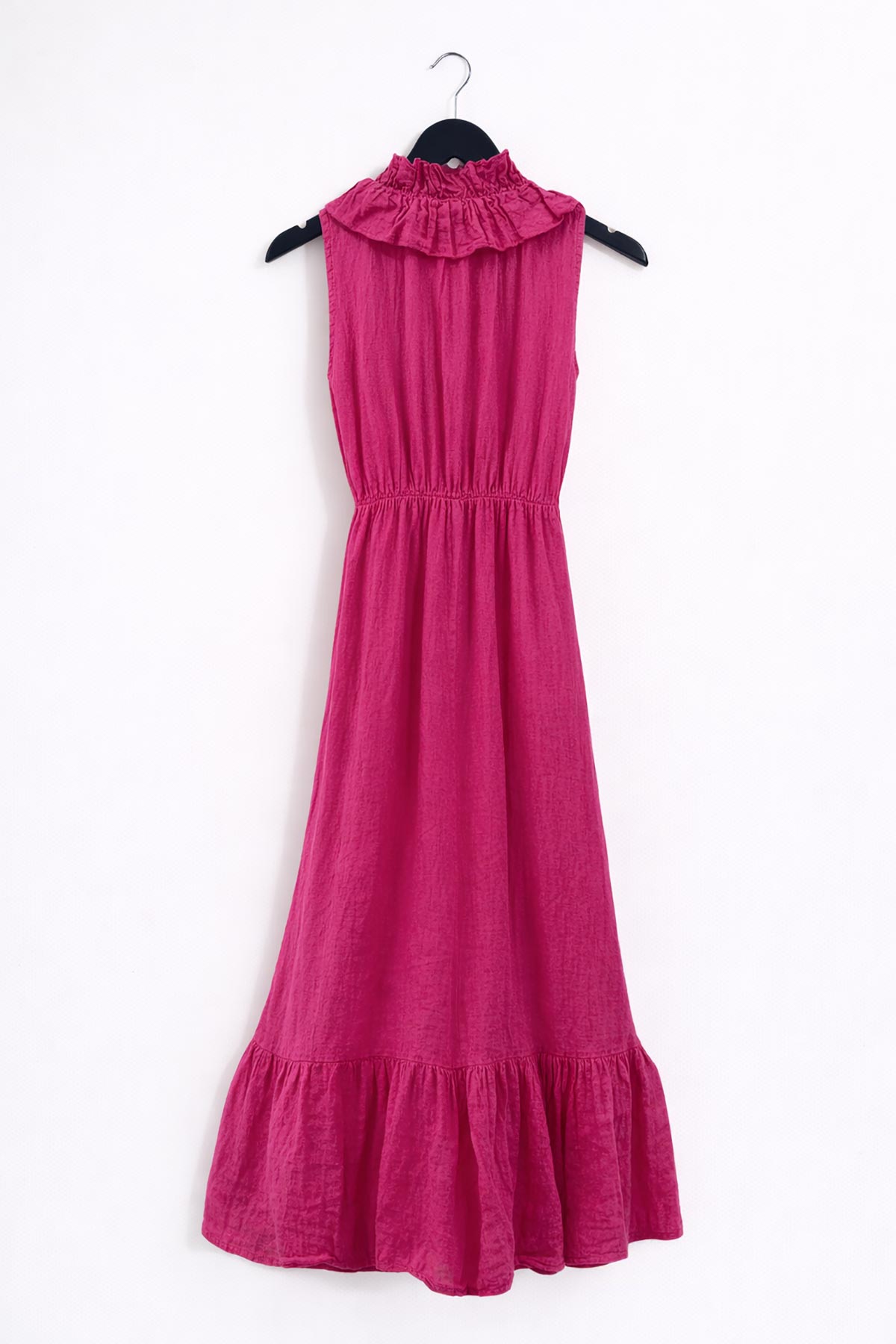 Linen Cross Over Midi Dress In Fuchsia Pink