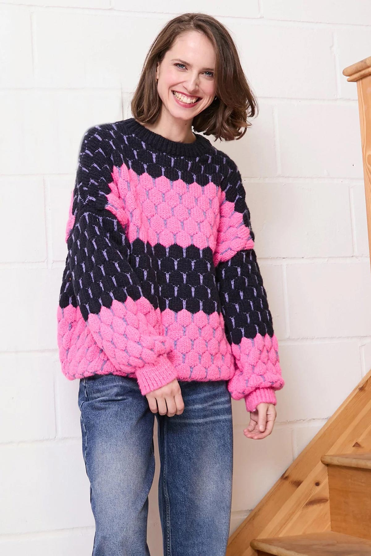 Cara & The Sky Marissa Stripe Bubble Stitch Jumper In Navy