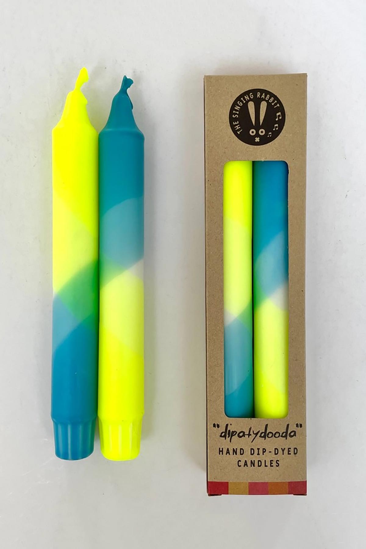 The Singing Rabbit Neon Yellow & Hawaiian Blue Dip Dyed Dinner Candles Set Of 2