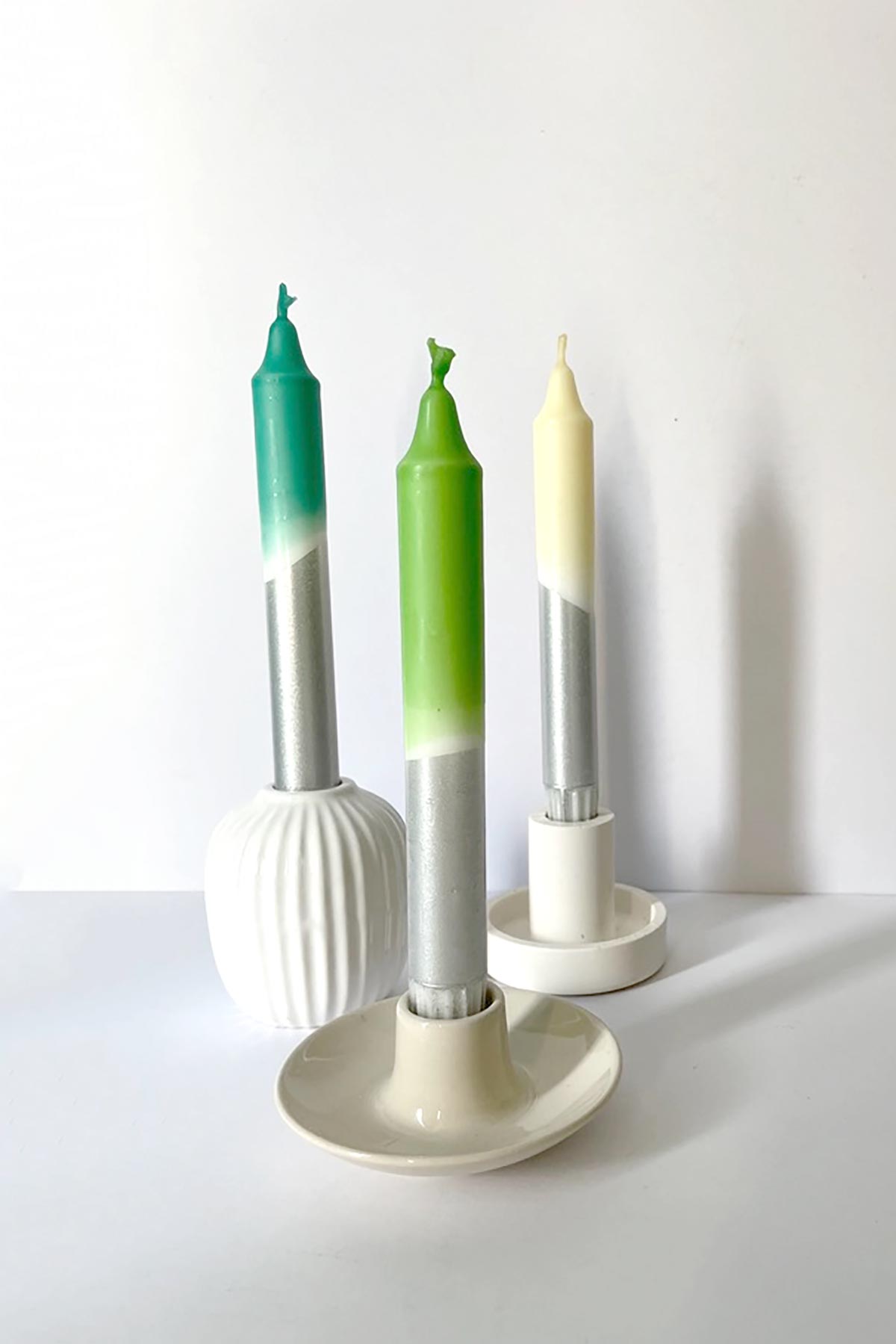 The Singing Rabbit Ocean Shades & Silver Dip Dyed Dinner Candles Set Of 3