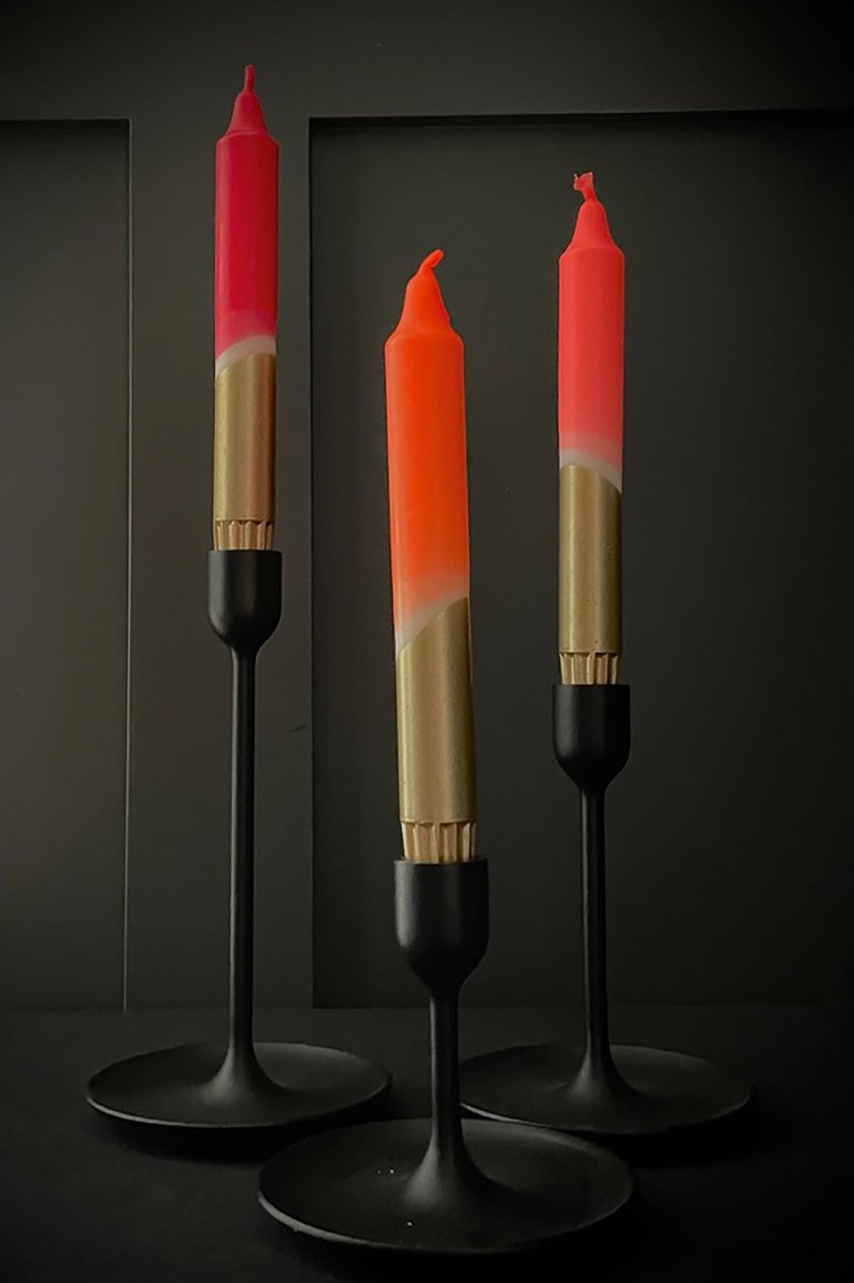 The Singing Rabbit Red, Neon Coral, Neon Orange & Gold Dip Dyed Dinner Candles Set Of 3
