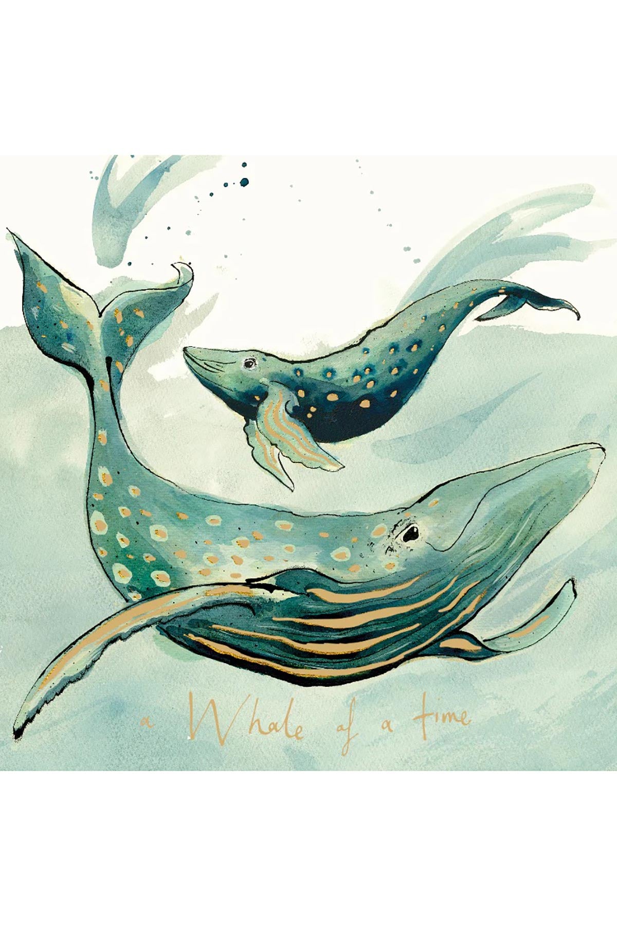 Gold foil whale greeting card illustrated by Anna Wright