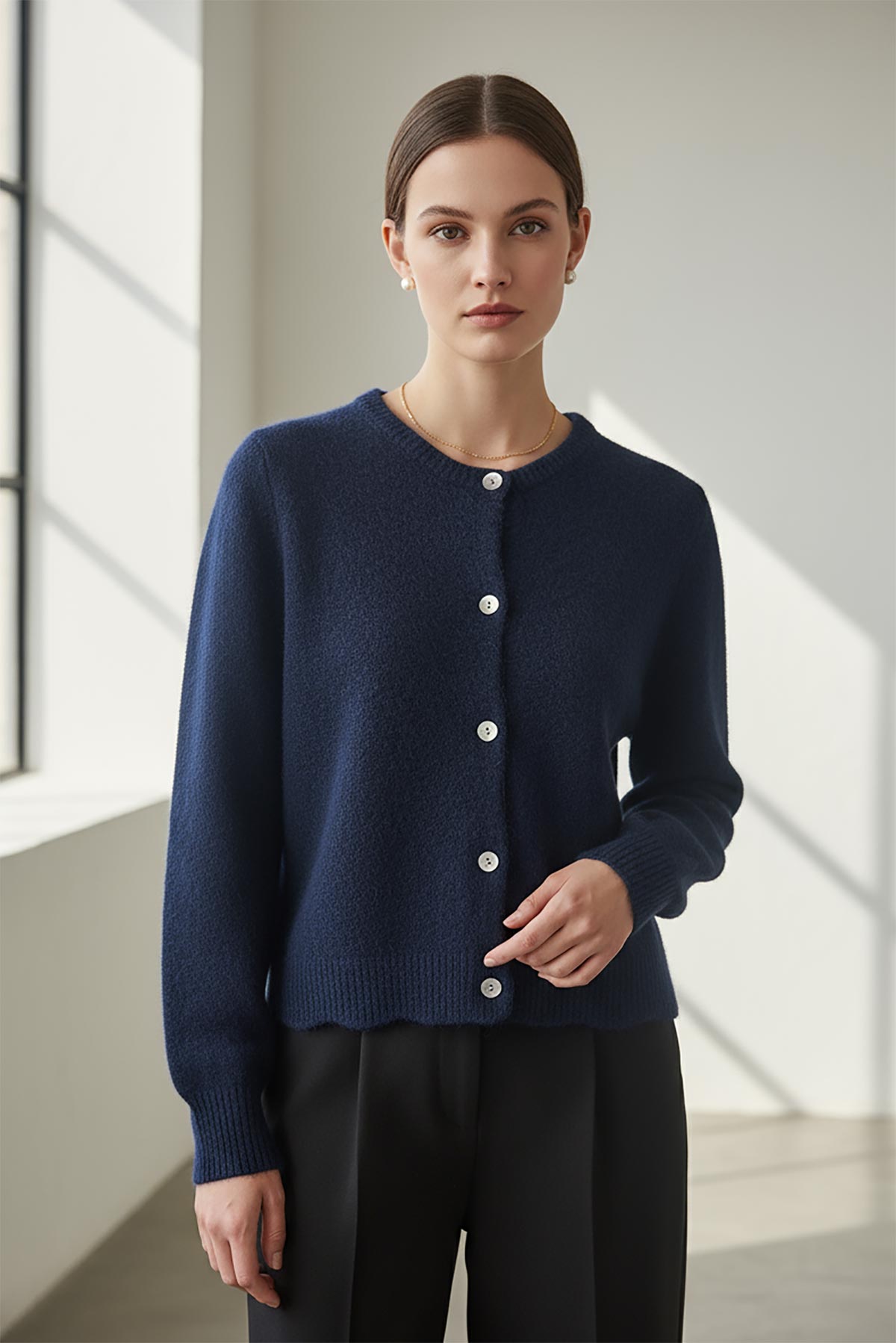 Navy alpaca blend cardigan with mother of pearl buttons, made in Italy lifestyle