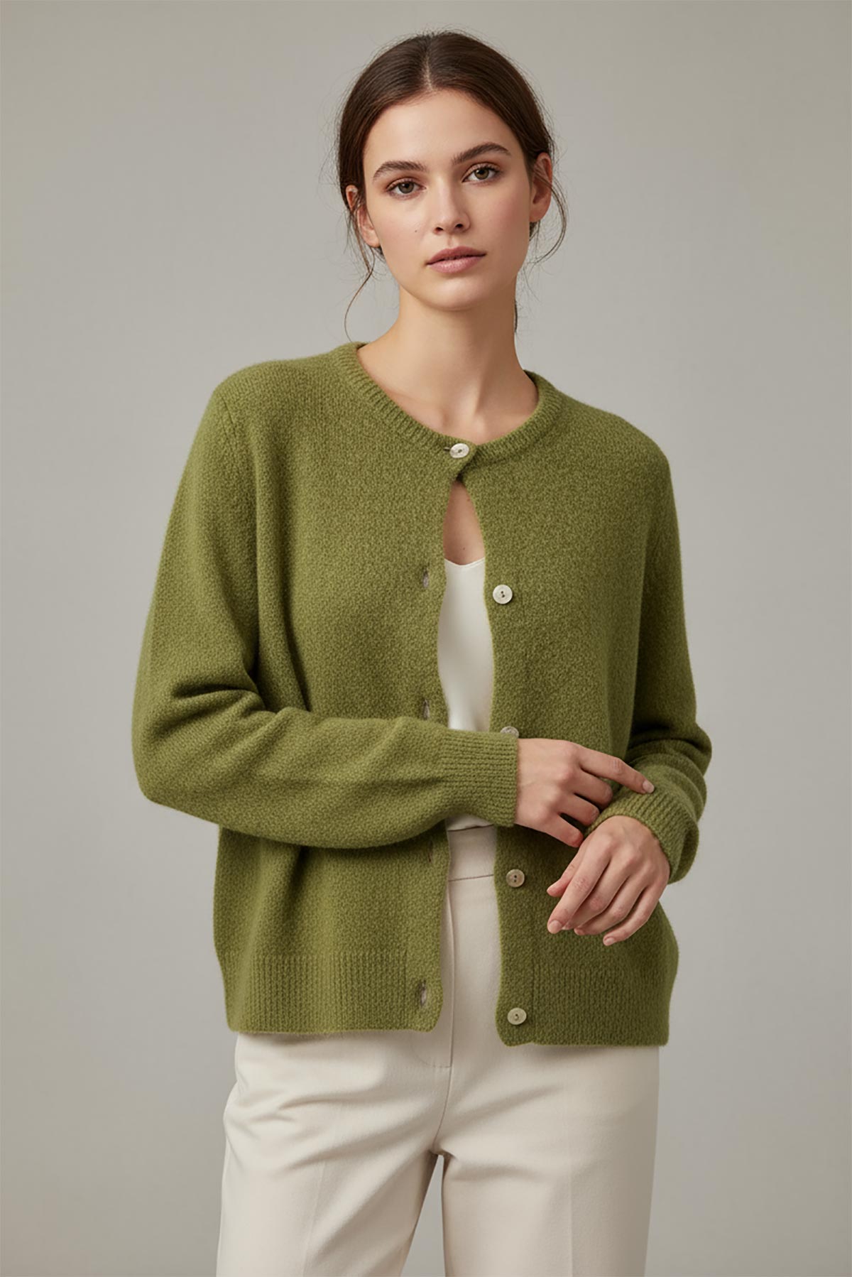 Olive alpaca blend cardigan with mother of pearl buttons, made in Italy lifestyle