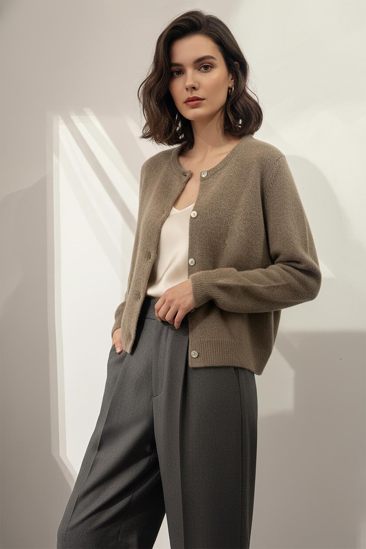 Stone alpaca blend cardigan with mother of pearl buttons, made in Italy