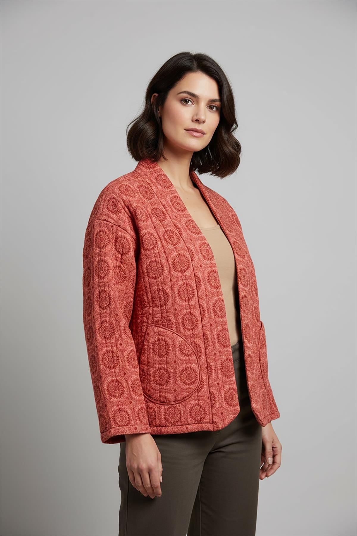 Amara Quilted Kimono Jacket in berry mandalas – cotton quilted kimono jacket