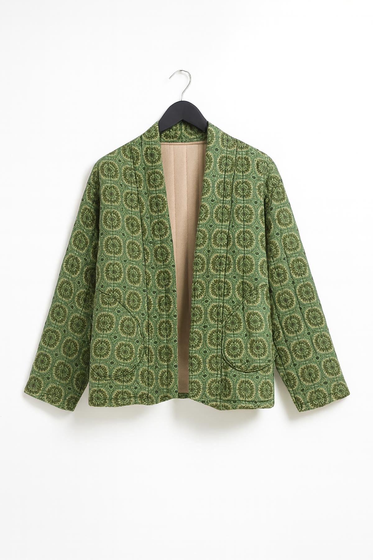 Close-up of Amara Quilted Kimono Jacket showing mandala embroidery detail