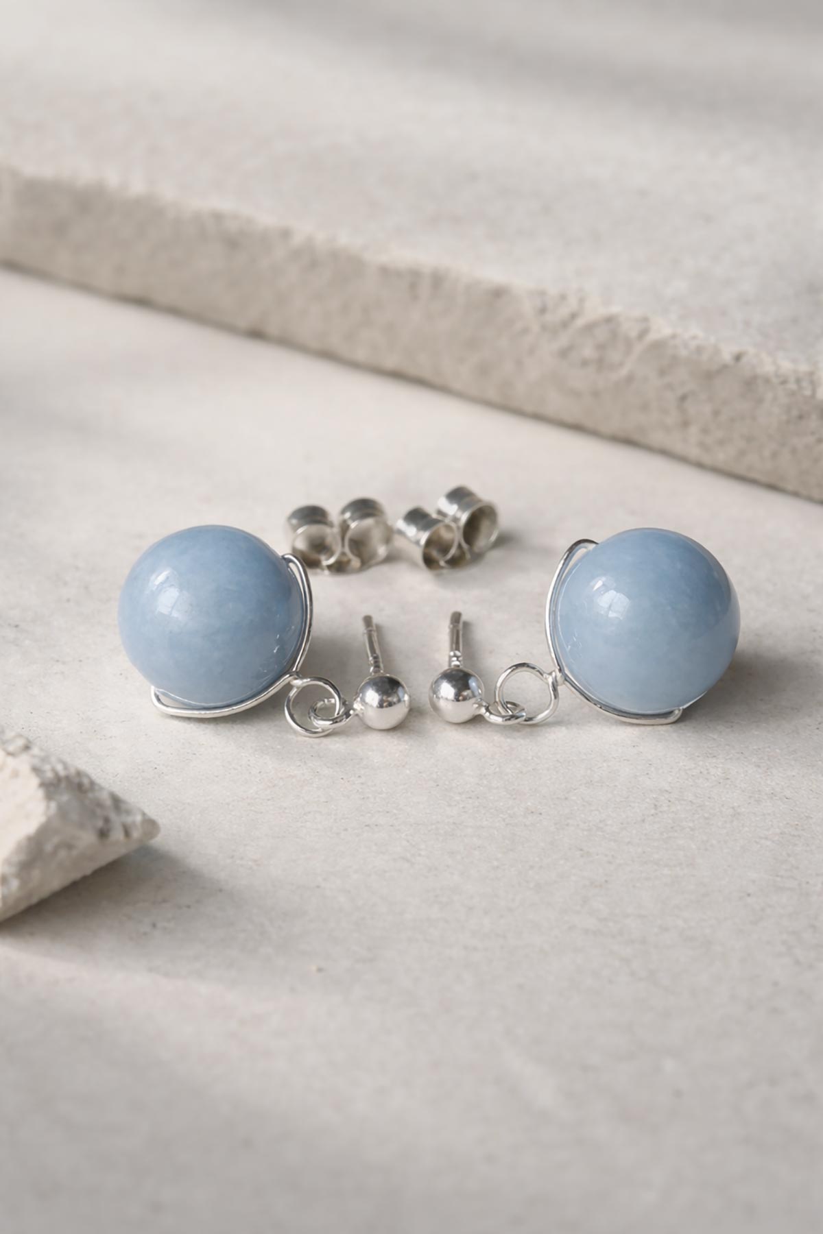 Angelite stud earrings detail view