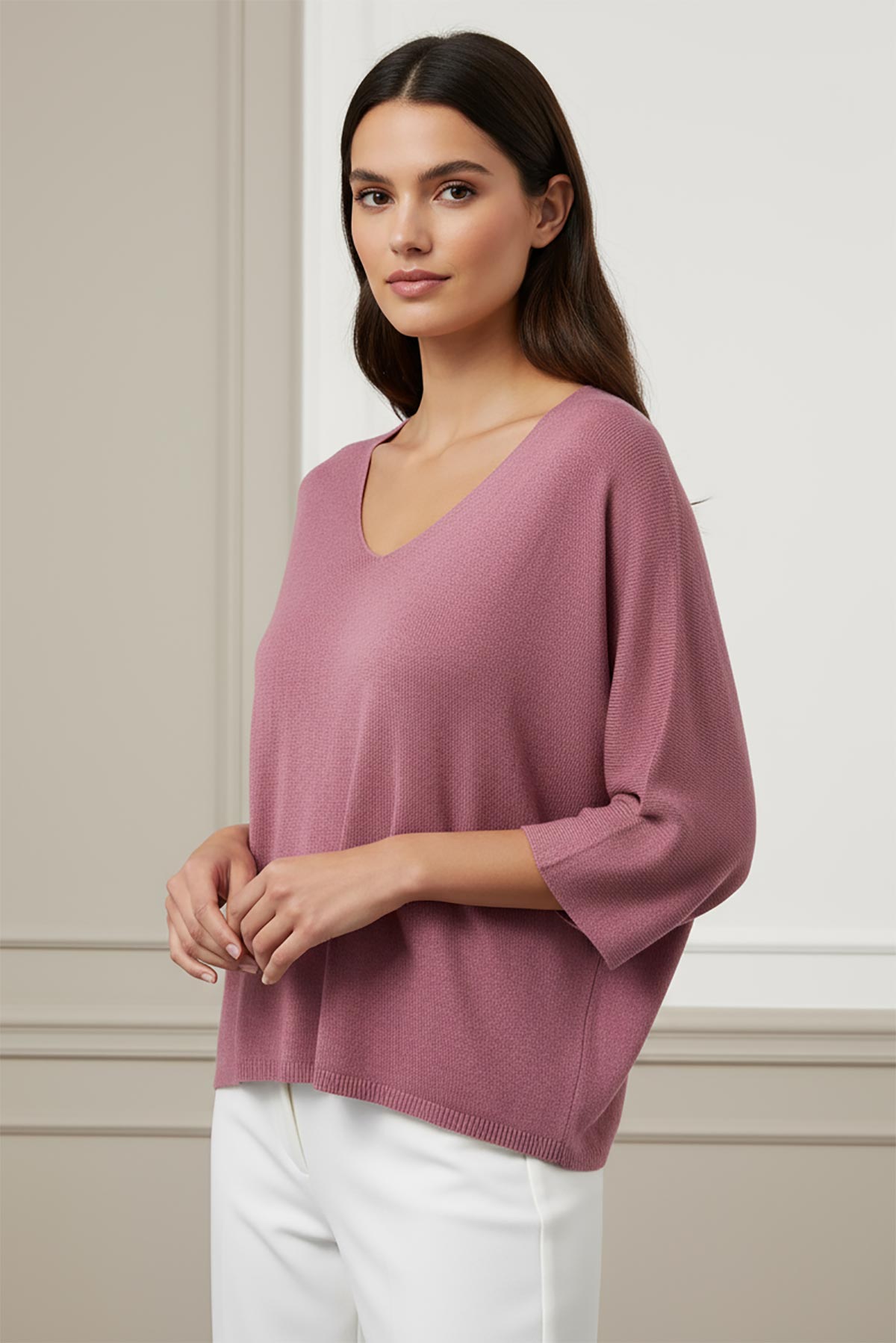 Aria Lightweight Batwing Knit Top in dusky pink – Italian lightweight knit with 3/4 sleeves